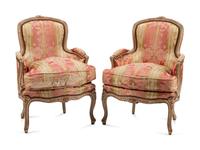 A Pair of Louis XV Silk-Upholstered and Painted Bergeres