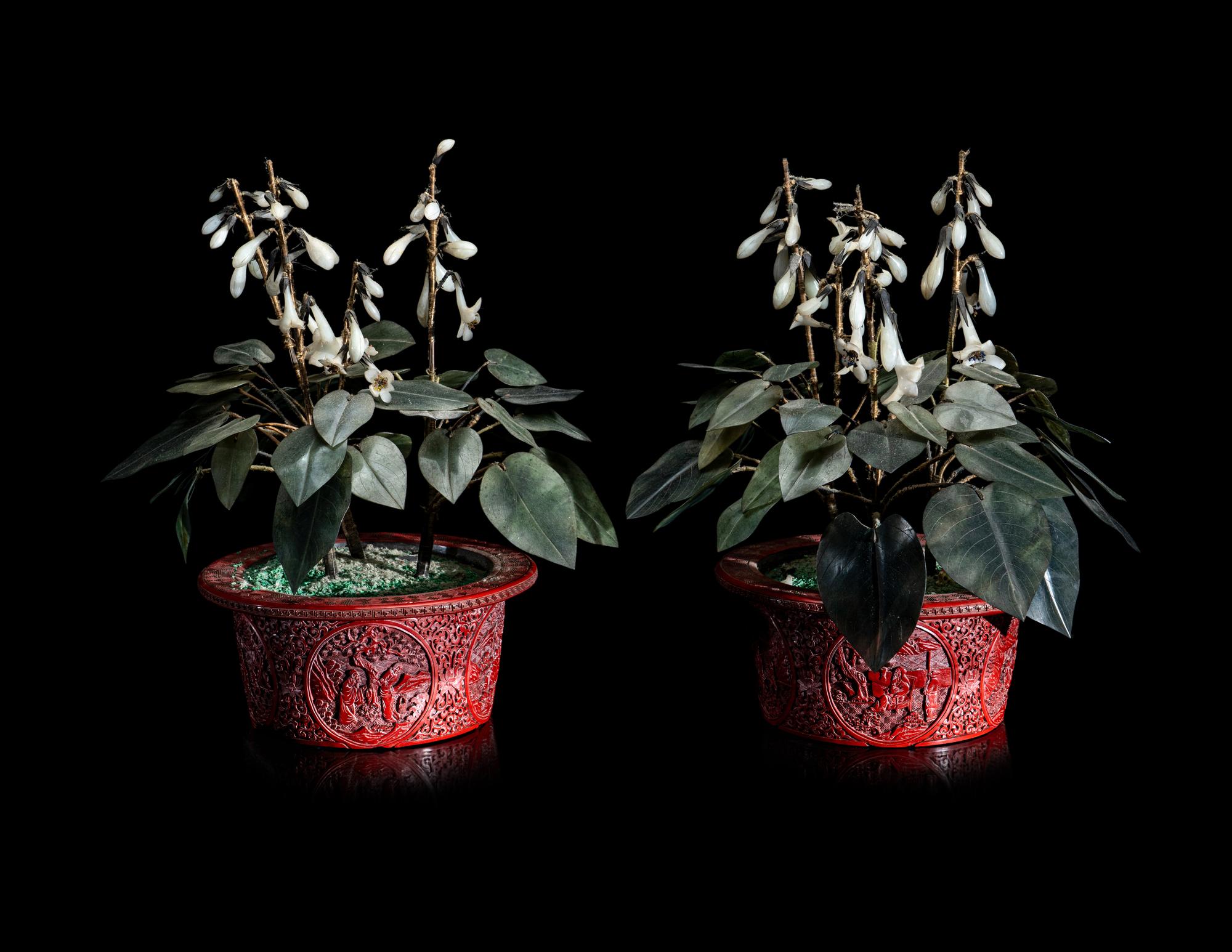 A Pair of Chinese Cinnabar Lacquer Jardinières with Jade and Hardstone Trees