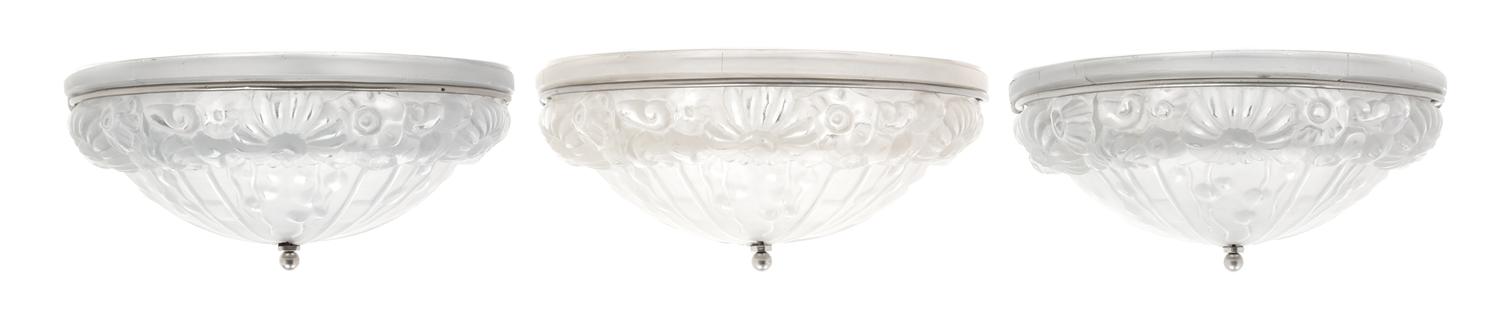 A Set of Three French Art Deco Glass Sconces, Genet et Michon Height 8 x width 15 x depth 7 inches. — CIRCA 1920s