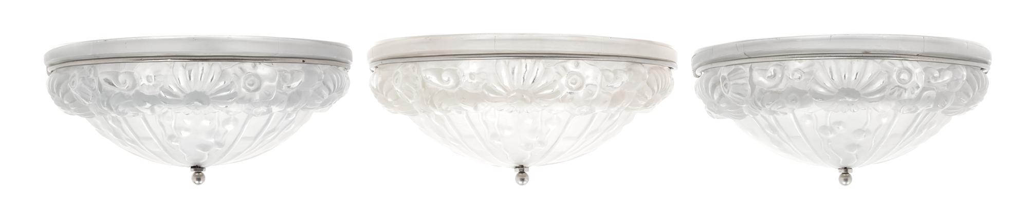 A Set of Three French Art Deco Glass Sconces, Genet et Michon Height 8 x width 15 x depth 7 inches. — CIRCA 1920s