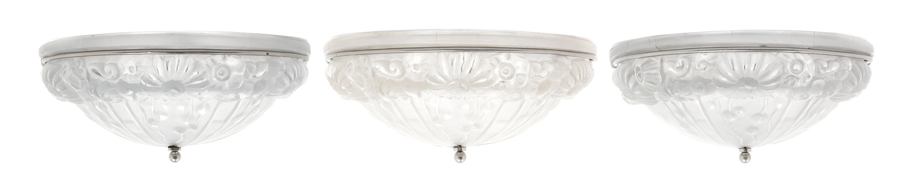 A Set of Three French Art Deco Glass Sconces, Genet et Michon Height 8 x width 15 x depth 7 inches. — CIRCA 1920s