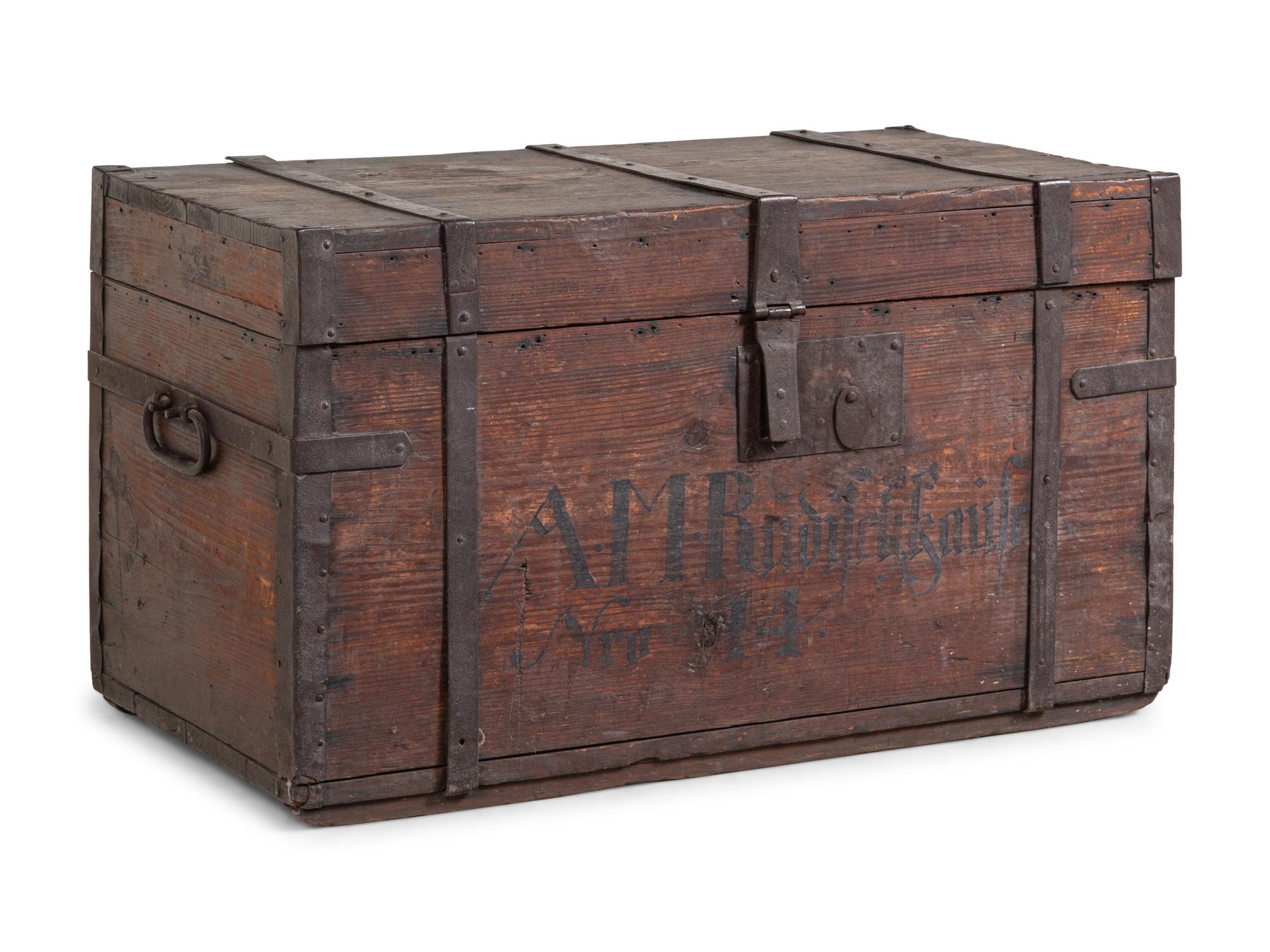 An Iron Mounted and Painted Pine Storage Chest