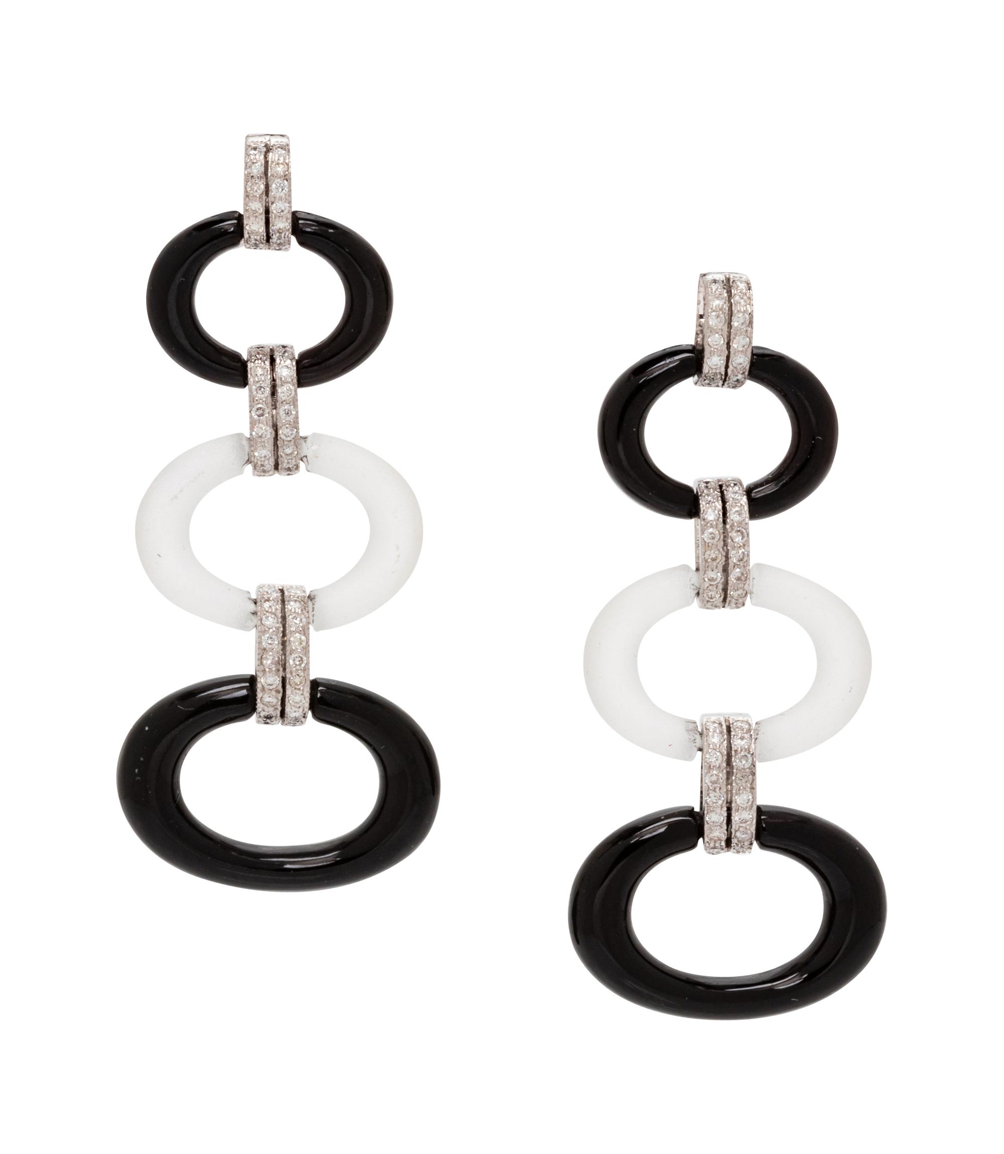 A Pair of 18 Karat White Gold, Onyx, Rock Crystal and Diamond Earrings,