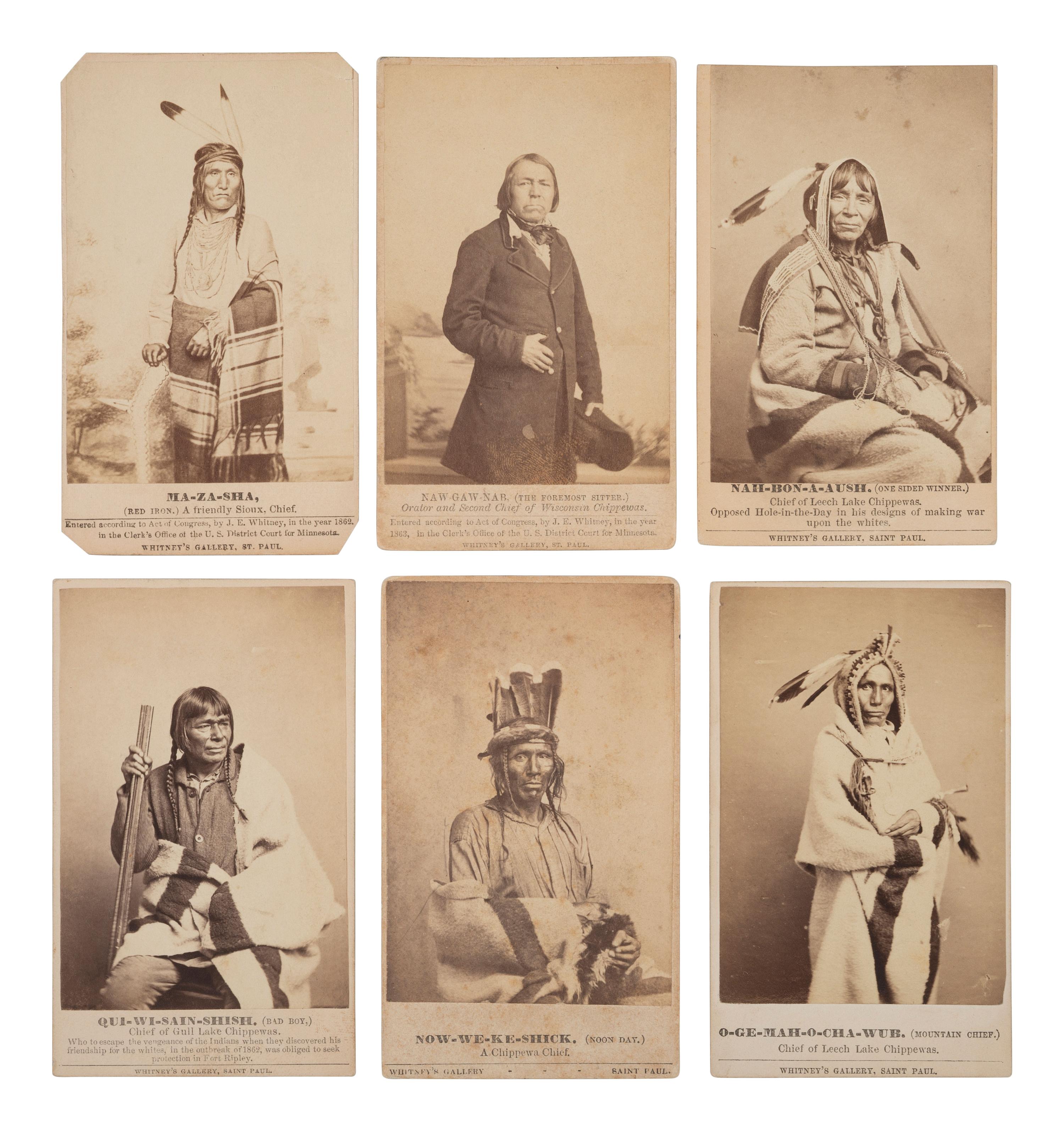 A group of 12 CDVs of Sioux involved in the 1862 Dakota Uprising in Minnesota. St. Paul, MN: Whitney's Gallery.