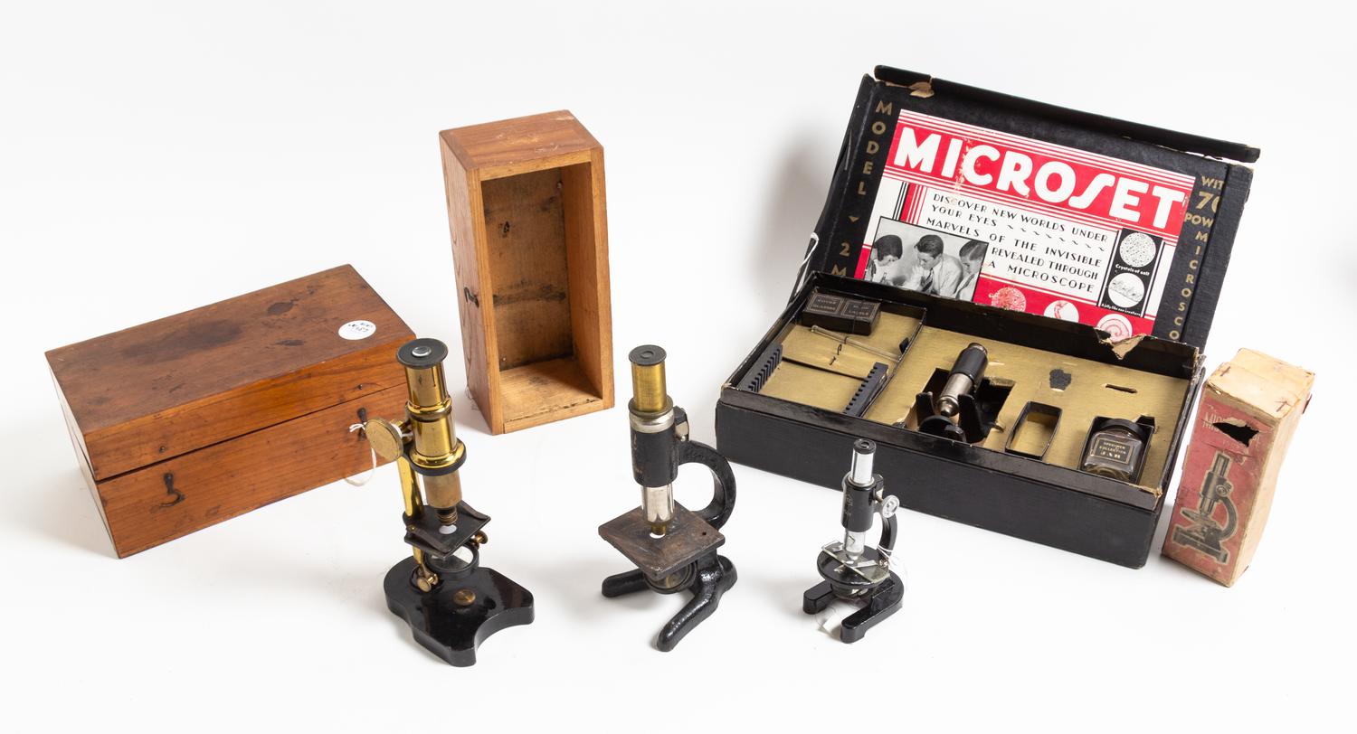 A Group of Two Cased Microscopes Height of tallest 7 1/2 inches. — EARLY 20TH CENTURY