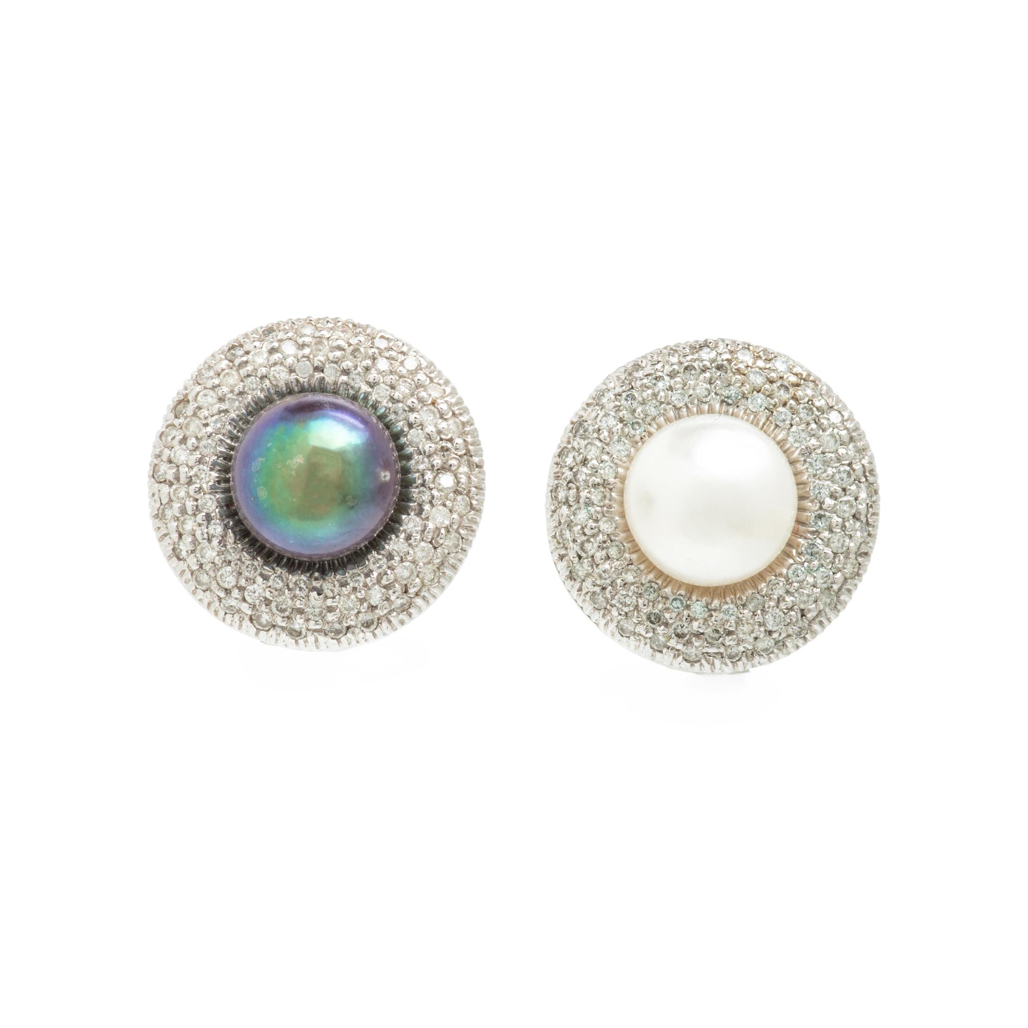 Cultured Pearl, Diamond, and White Gold Earrings