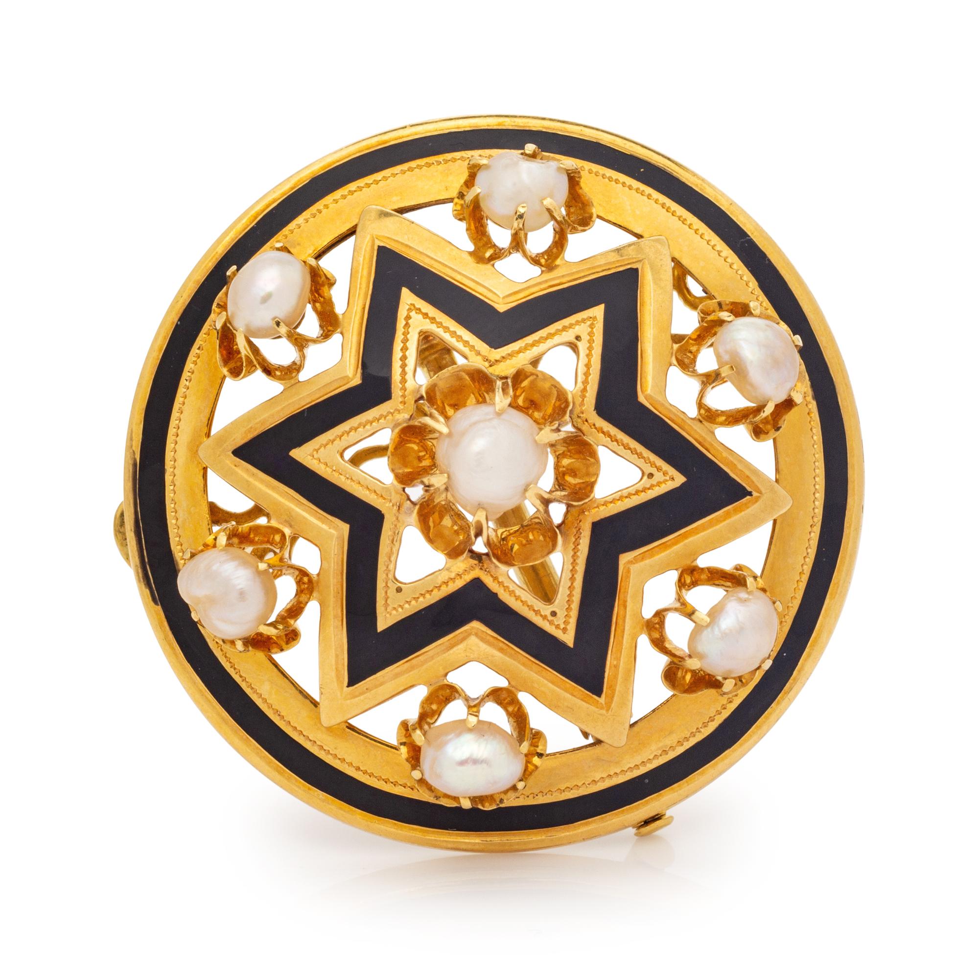 A Victorian Yellow Gold, Baroque Pearl and Enamel Pendant/Brooch,