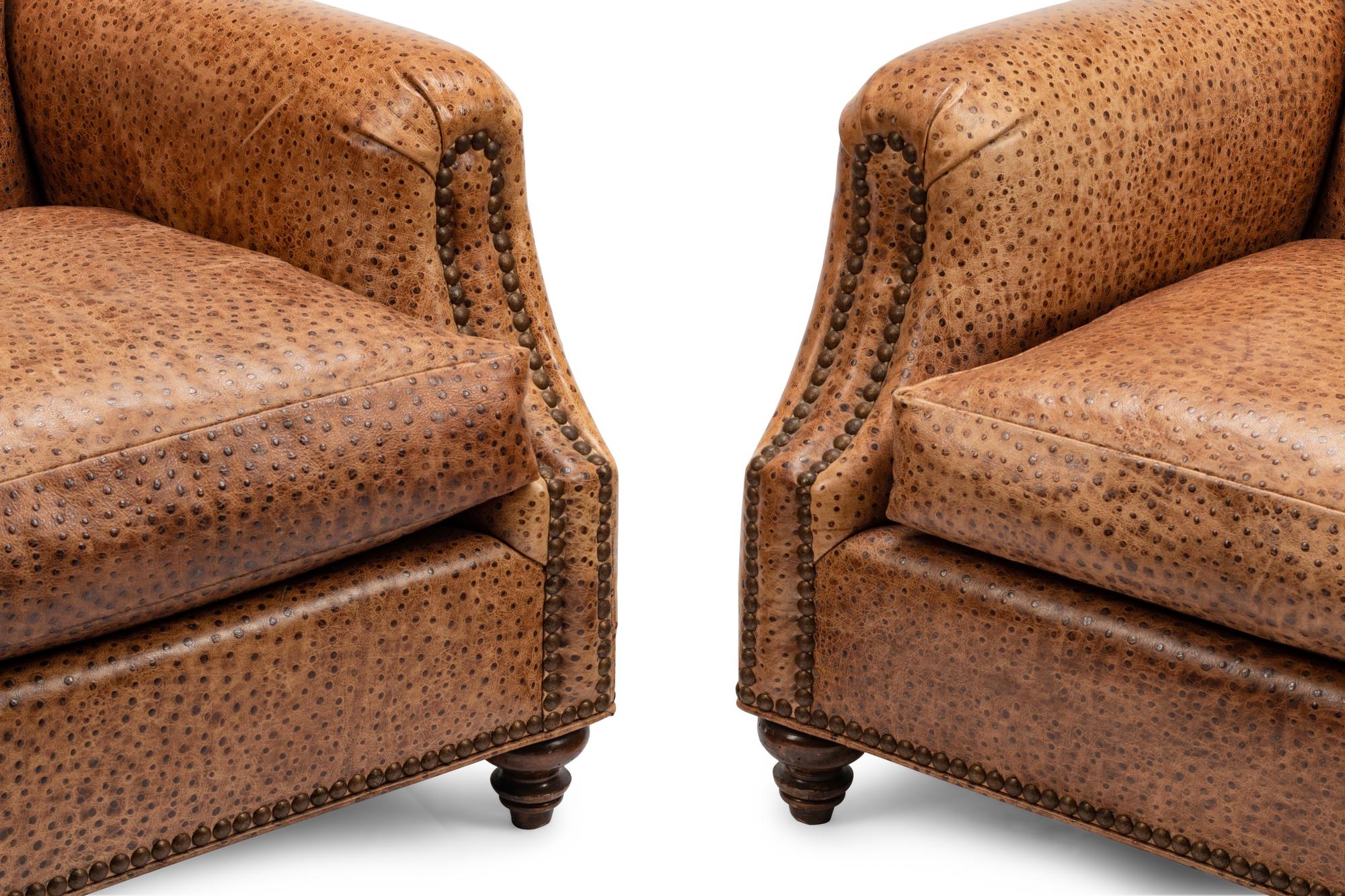 A Pair of Faux Ostrich Embossed Leather Upholstered Club Chairs