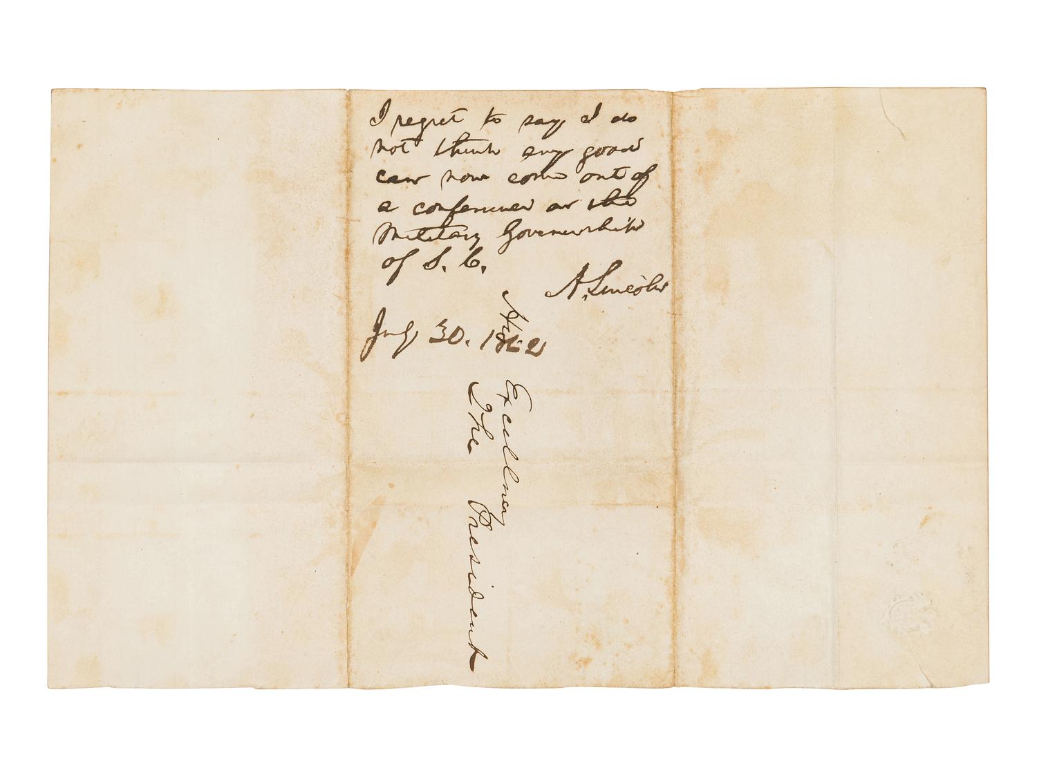 LINCOLN, Abraham (1809-1865). Autograph endorsement signed ("A. Lincoln"), as President, 30 July 1862.