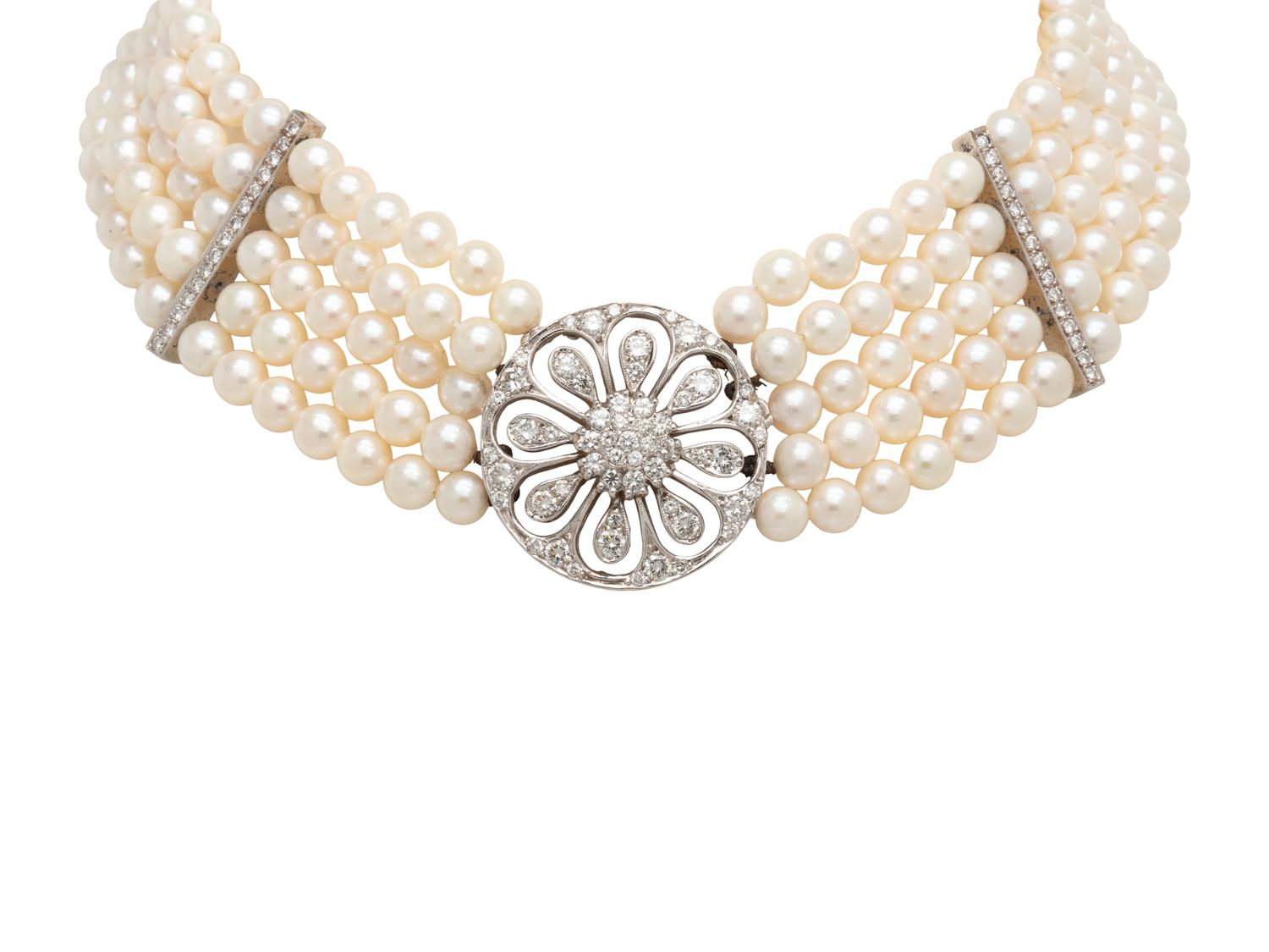 MULTISTRAND CULTURED PEARL AND DIAMOND CHOKER NECKLACE