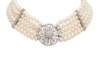 MULTISTRAND CULTURED PEARL AND DIAMOND CHOKER NECKLACE
