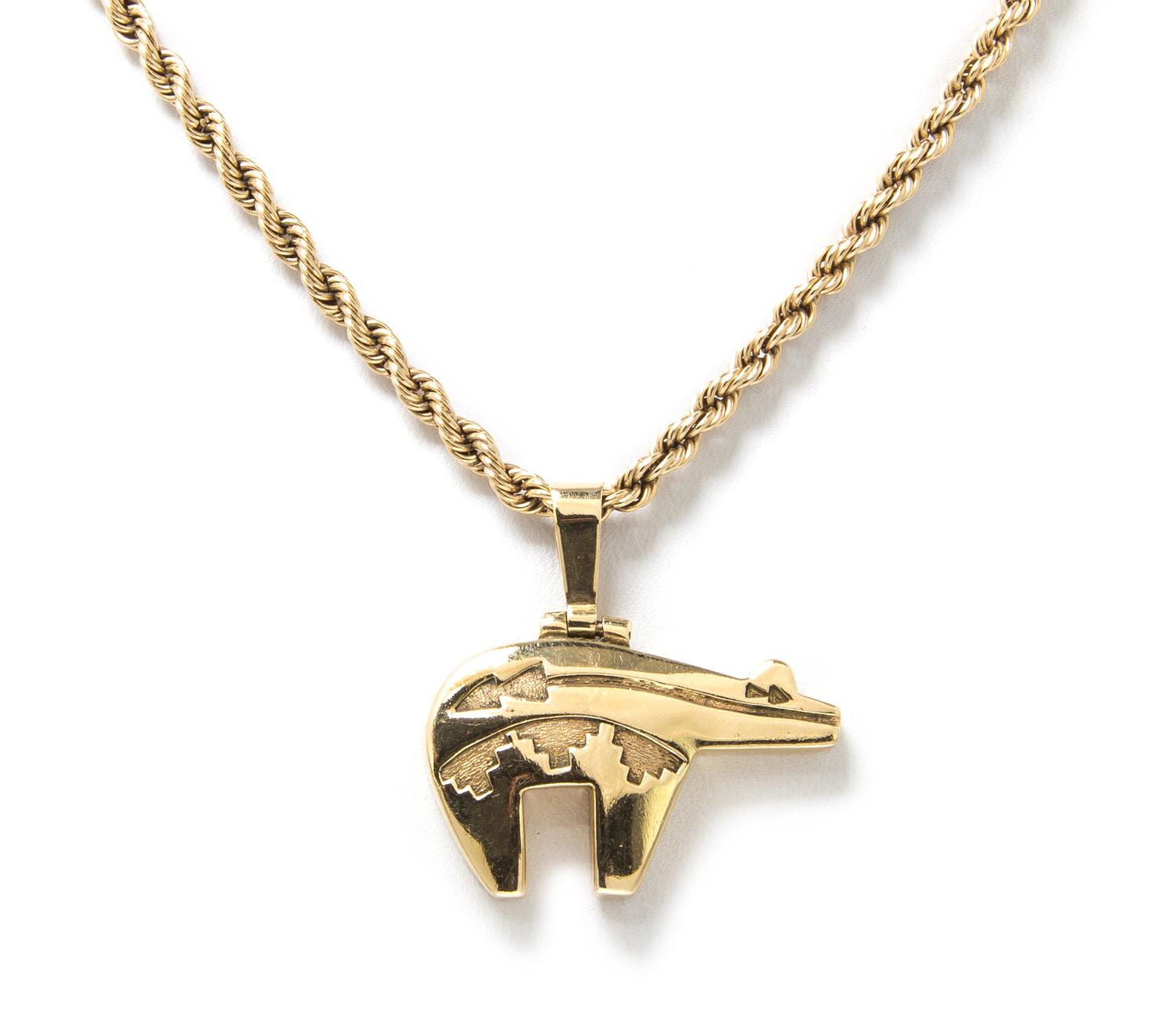 A 14 Karat Yellow Gold Heartline Bear Pendant with Rope Chain, 22.10 dwts.