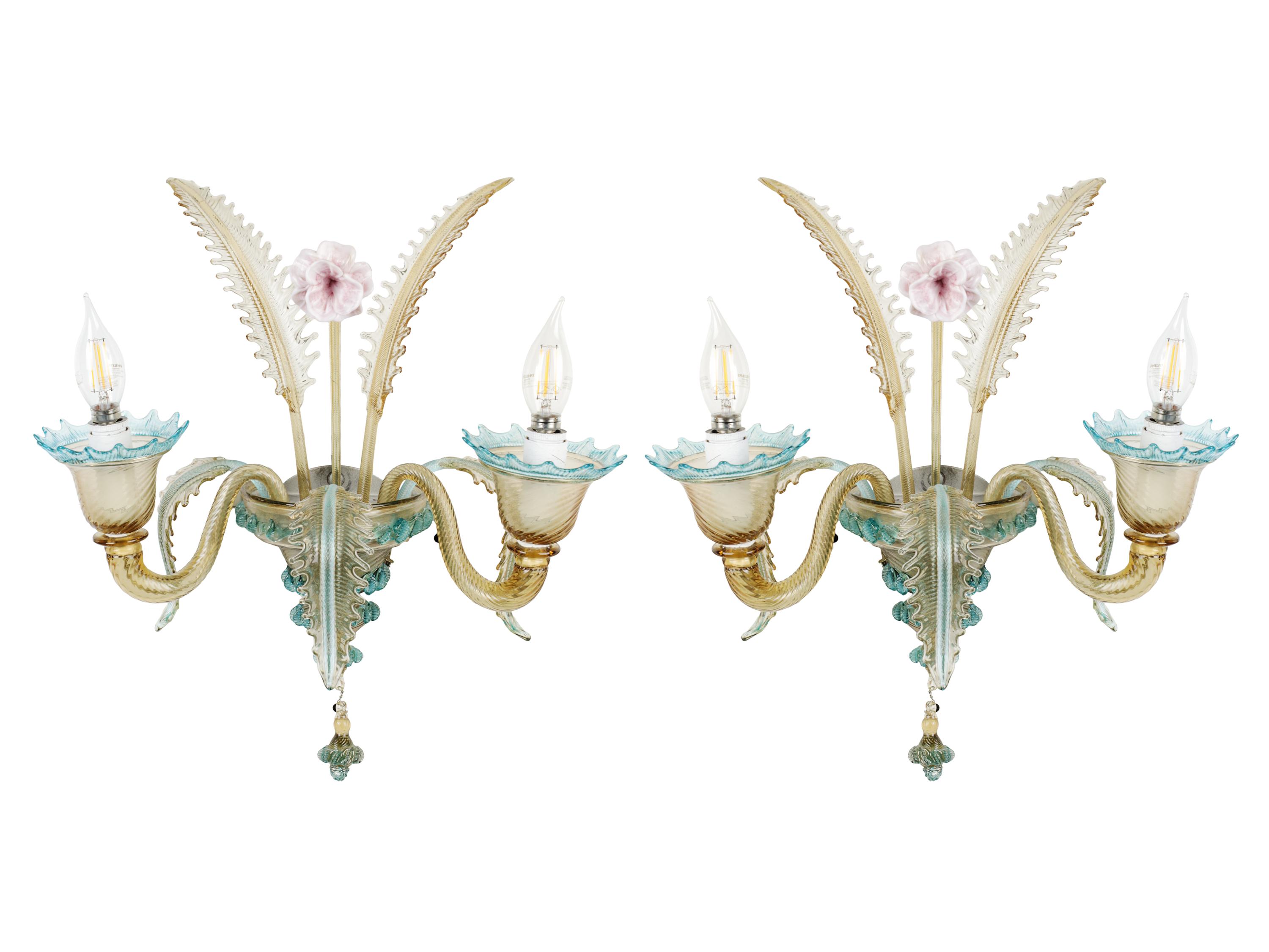 A Murano Colored Glass Chandelier and Matching Sconces