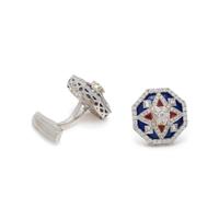 DIAMOND, RUBY AND ENAMEL CUFFLINKS
