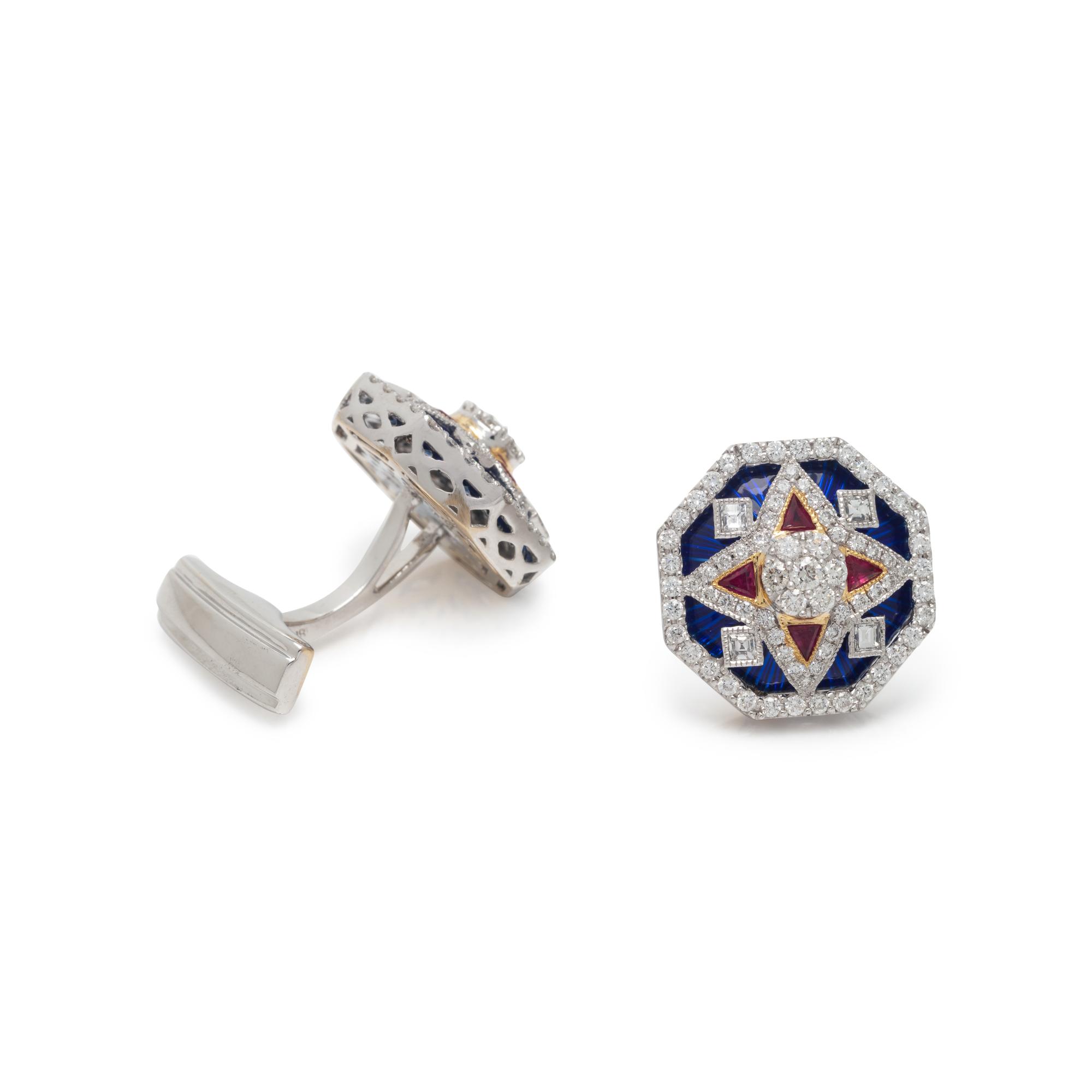 DIAMOND, RUBY AND ENAMEL CUFFLINKS