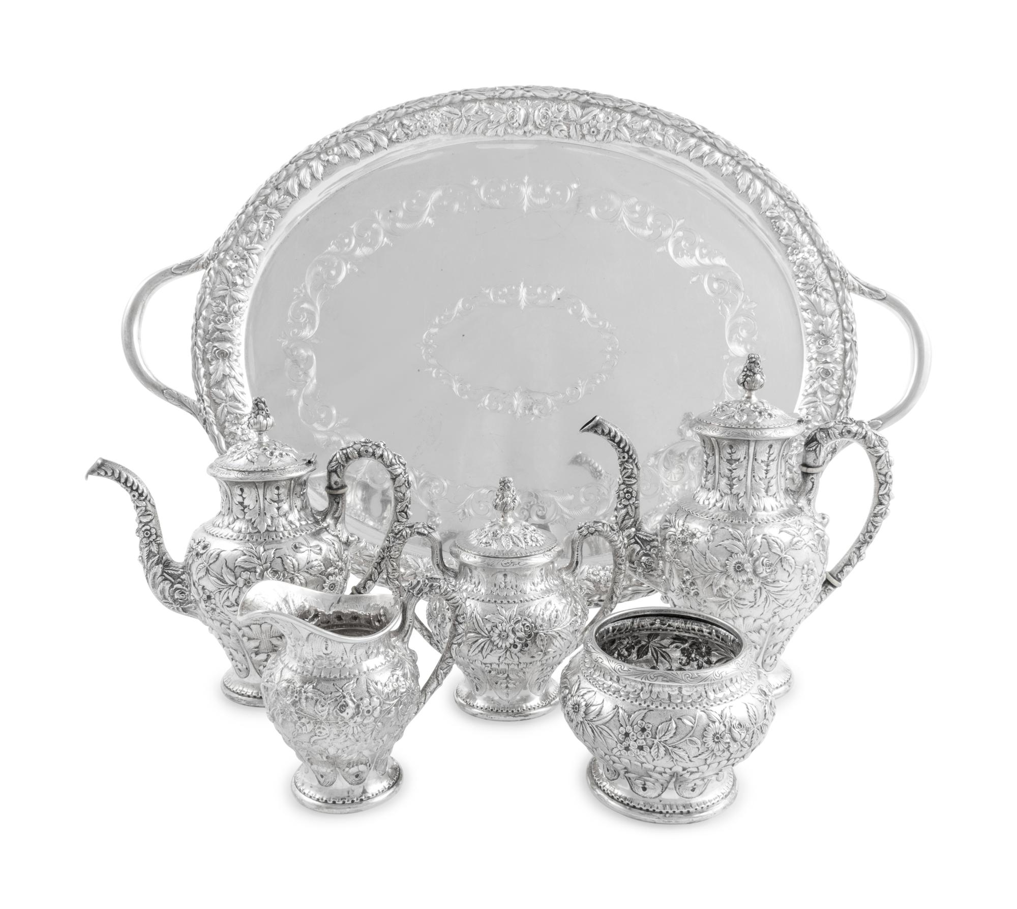 An American Silver Repoussé Six-Piece Tea and Coffee Service