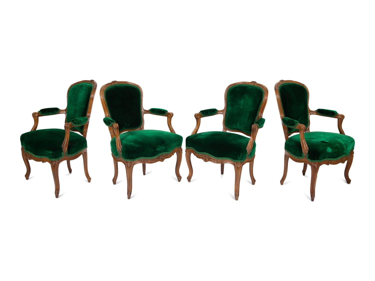 Four Louis XV Style Walnut Fauteuils