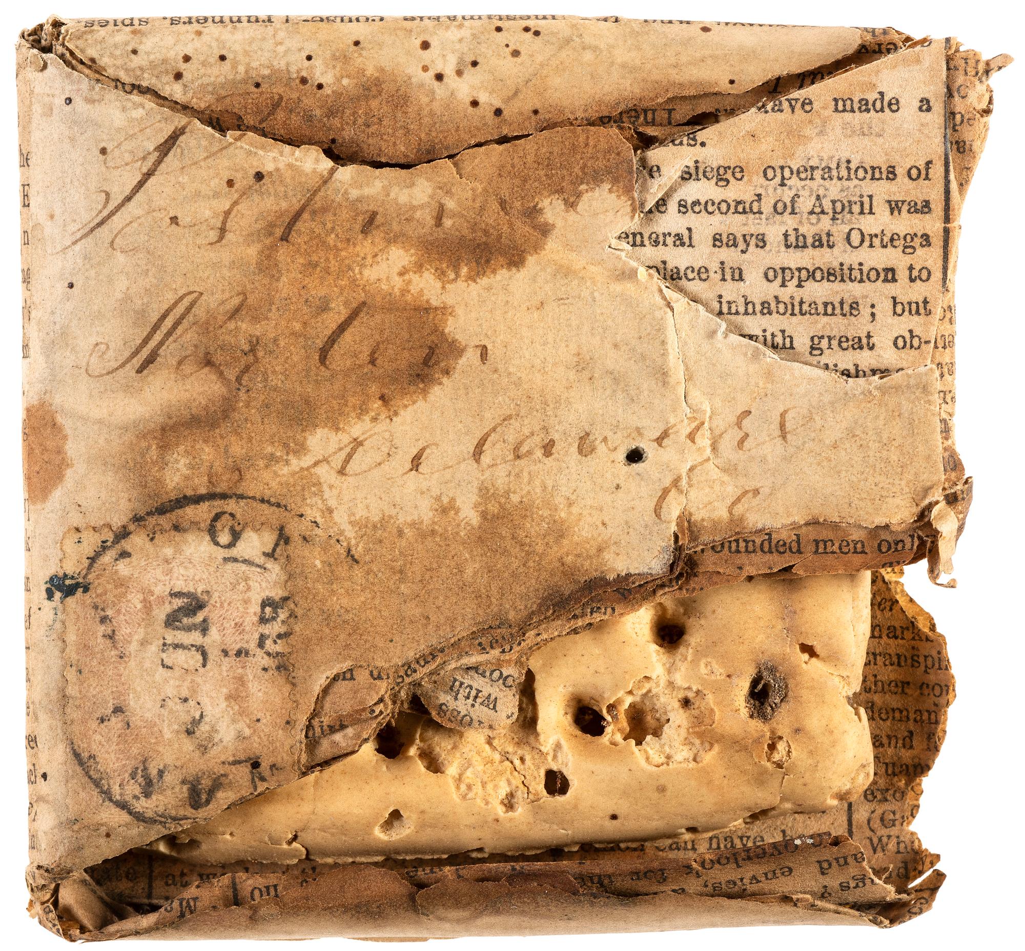 [CIVIL WAR]. Civil War hardtack in original makeshift newspaper mailing envelope. June 1863.