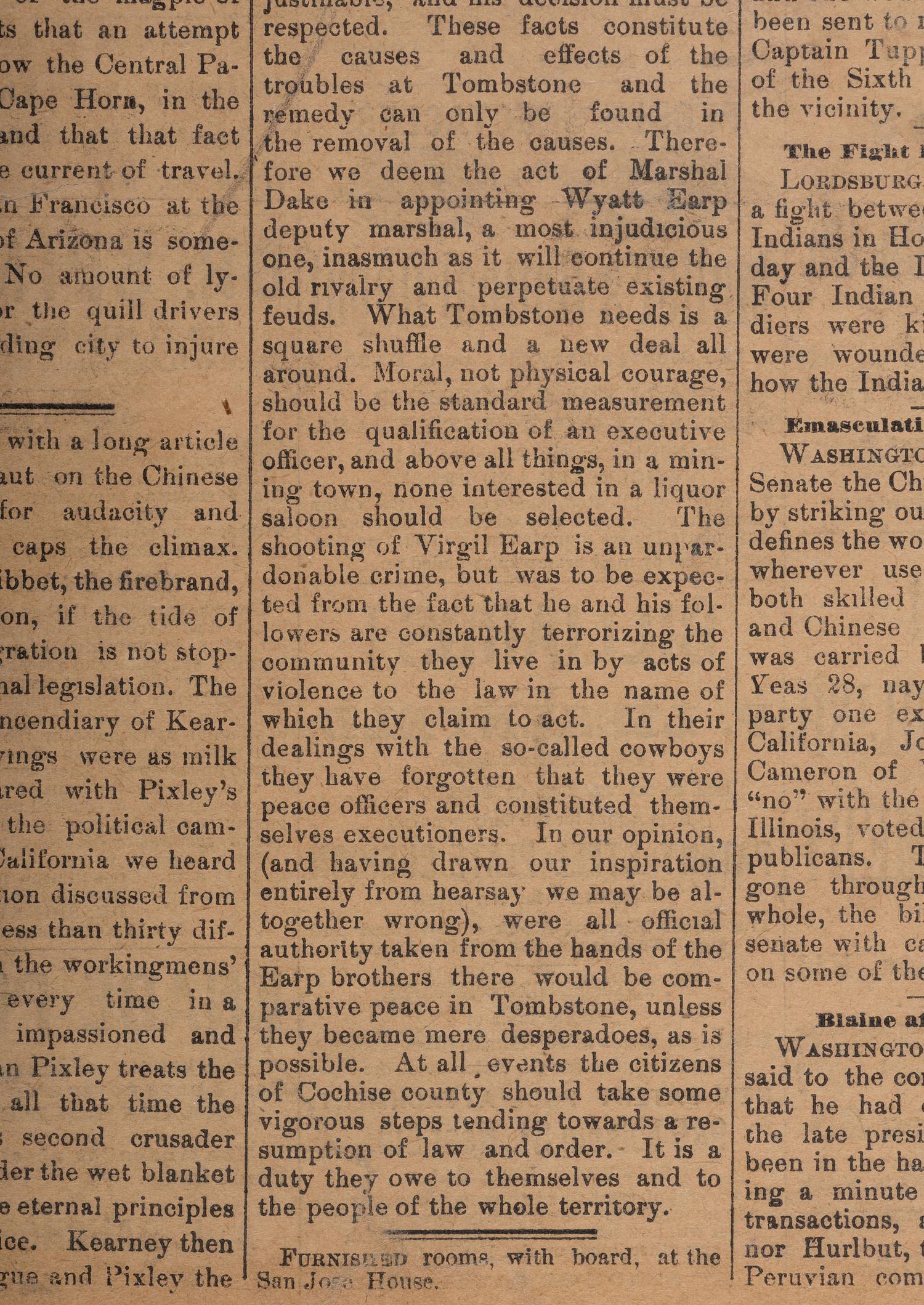 [OUTLAWS & LAWMEN]. The Tombstone Epitaph . Vol. III, No. 81. Tombstone, Arizona Territory: 26 April 1882. Partial issue covering the shooting of Virgil Earp.