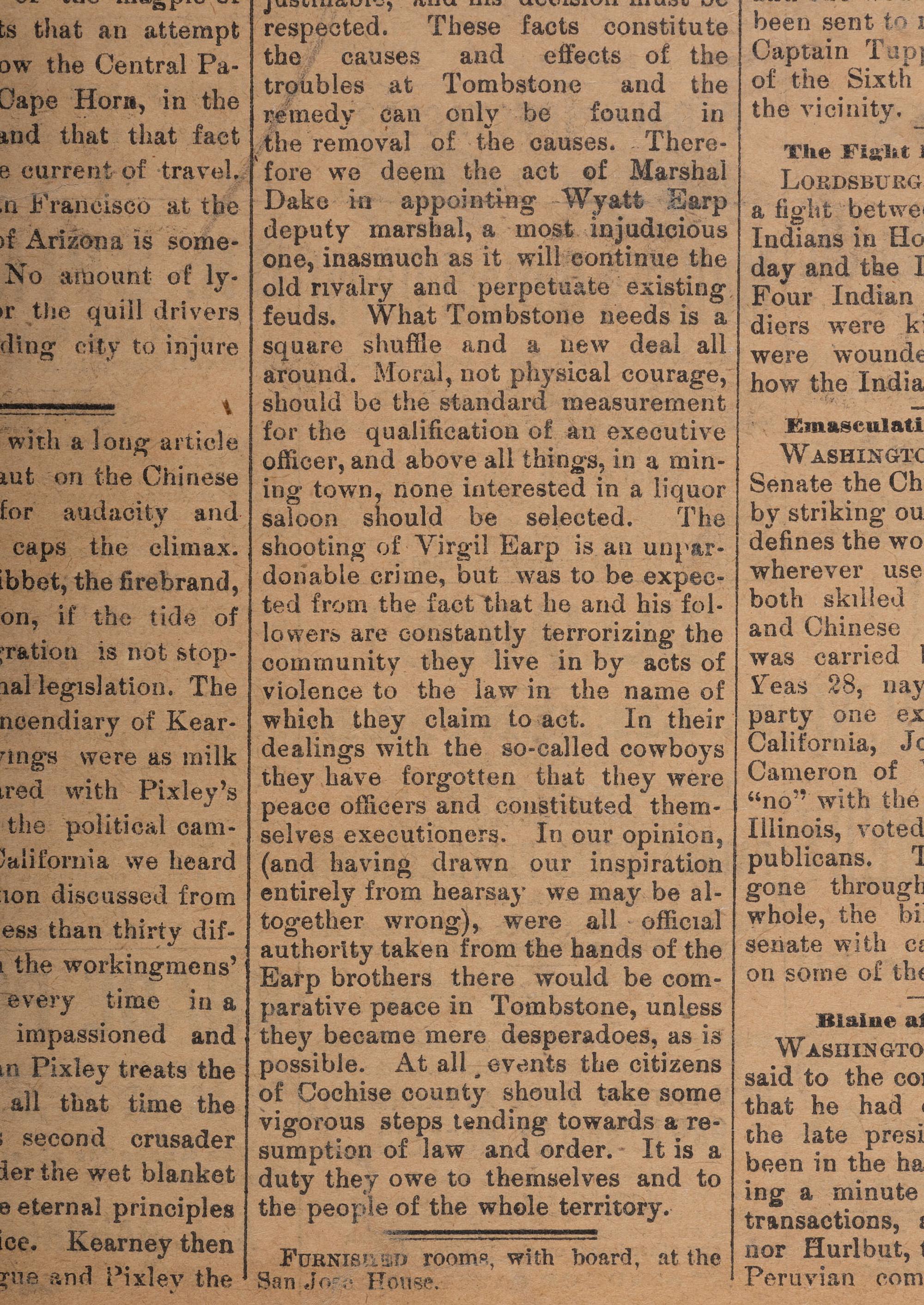 [OUTLAWS & LAWMEN]. The Tombstone Epitaph . Vol. III, No. 81. Tombstone, Arizona Territory: 26 April 1882. Partial issue covering the shooting of Virgil Earp.