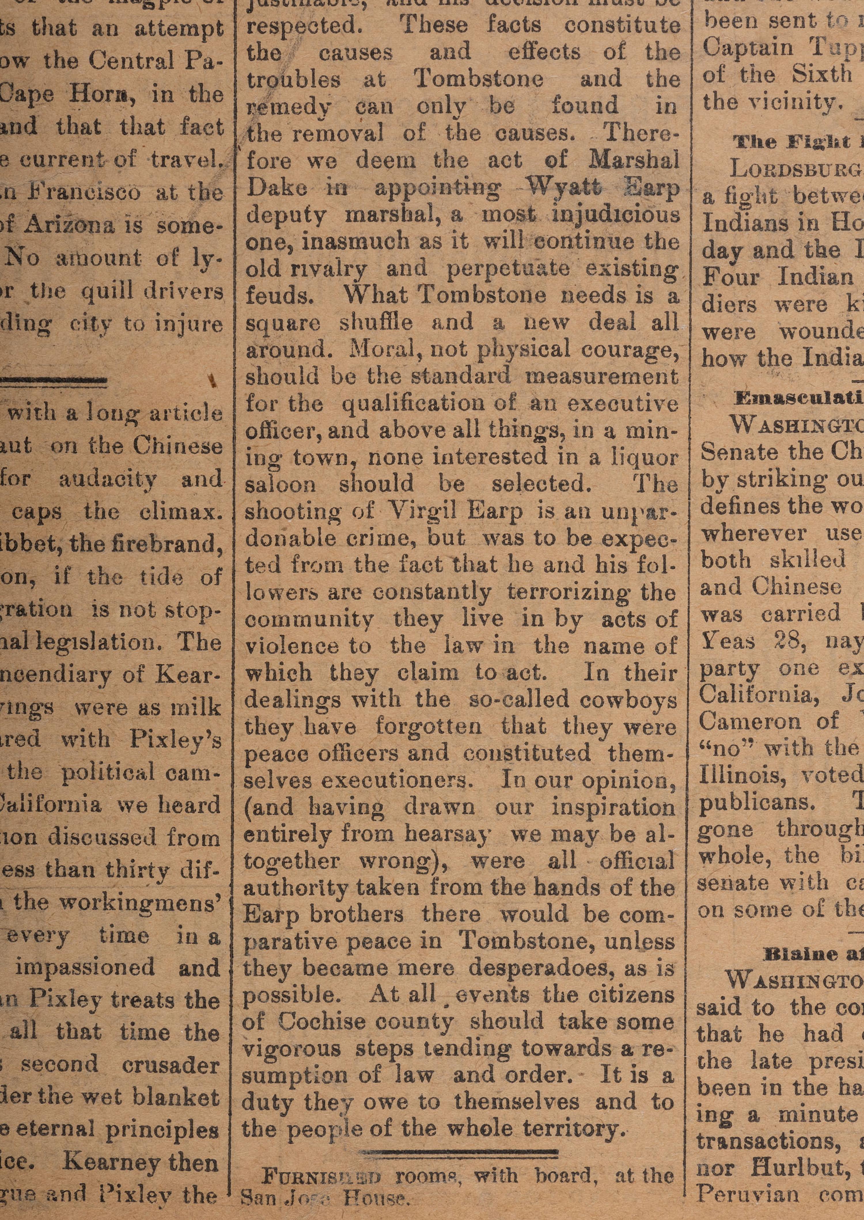 [OUTLAWS & LAWMEN]. The Tombstone Epitaph . Vol. III, No. 81. Tombstone, Arizona Territory: 26 April 1882. Partial issue covering the shooting of Virgil Earp.