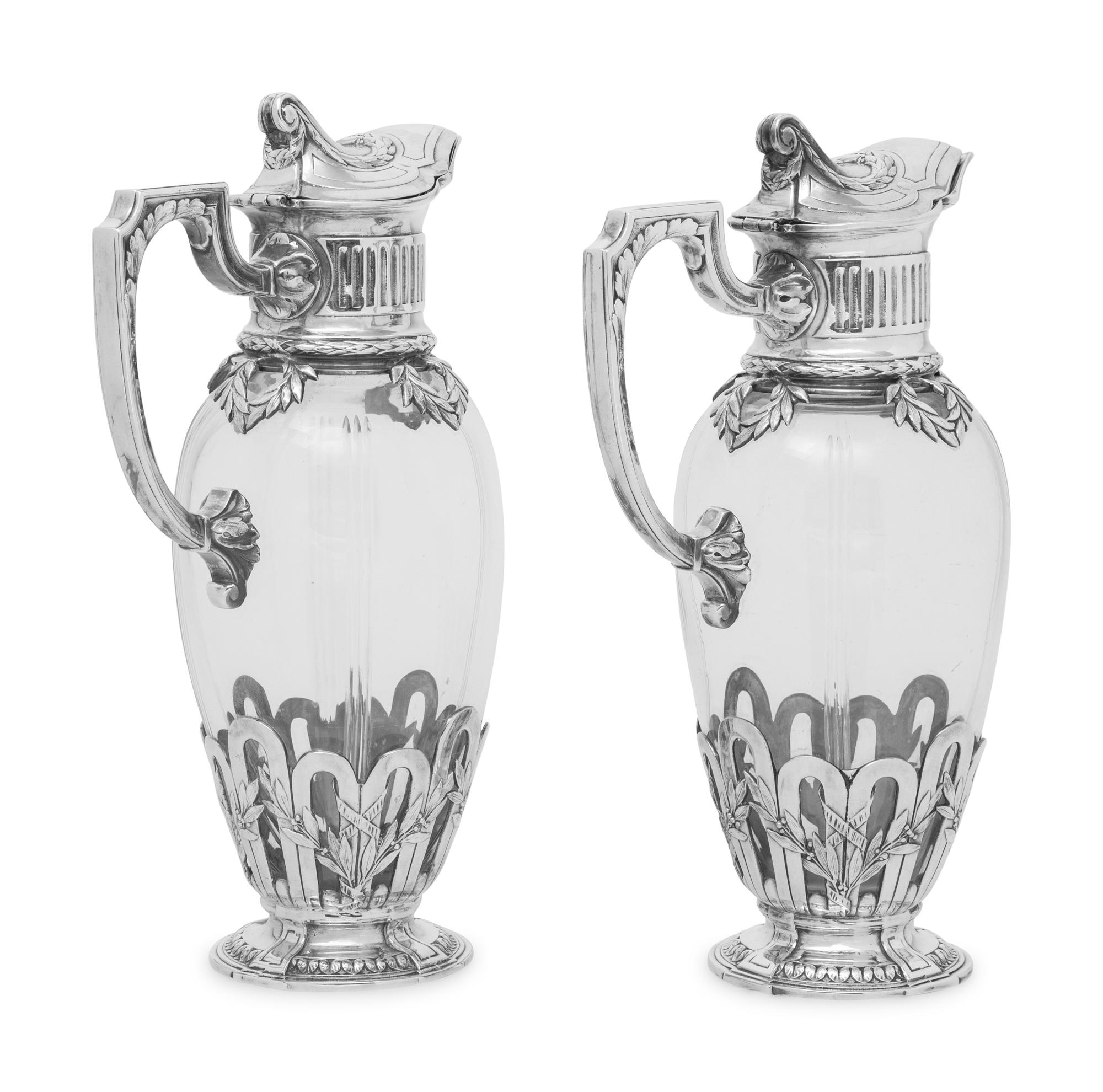 A Pair of Christofle Silver-Plate Mounted Cut Glass Claret Jugs