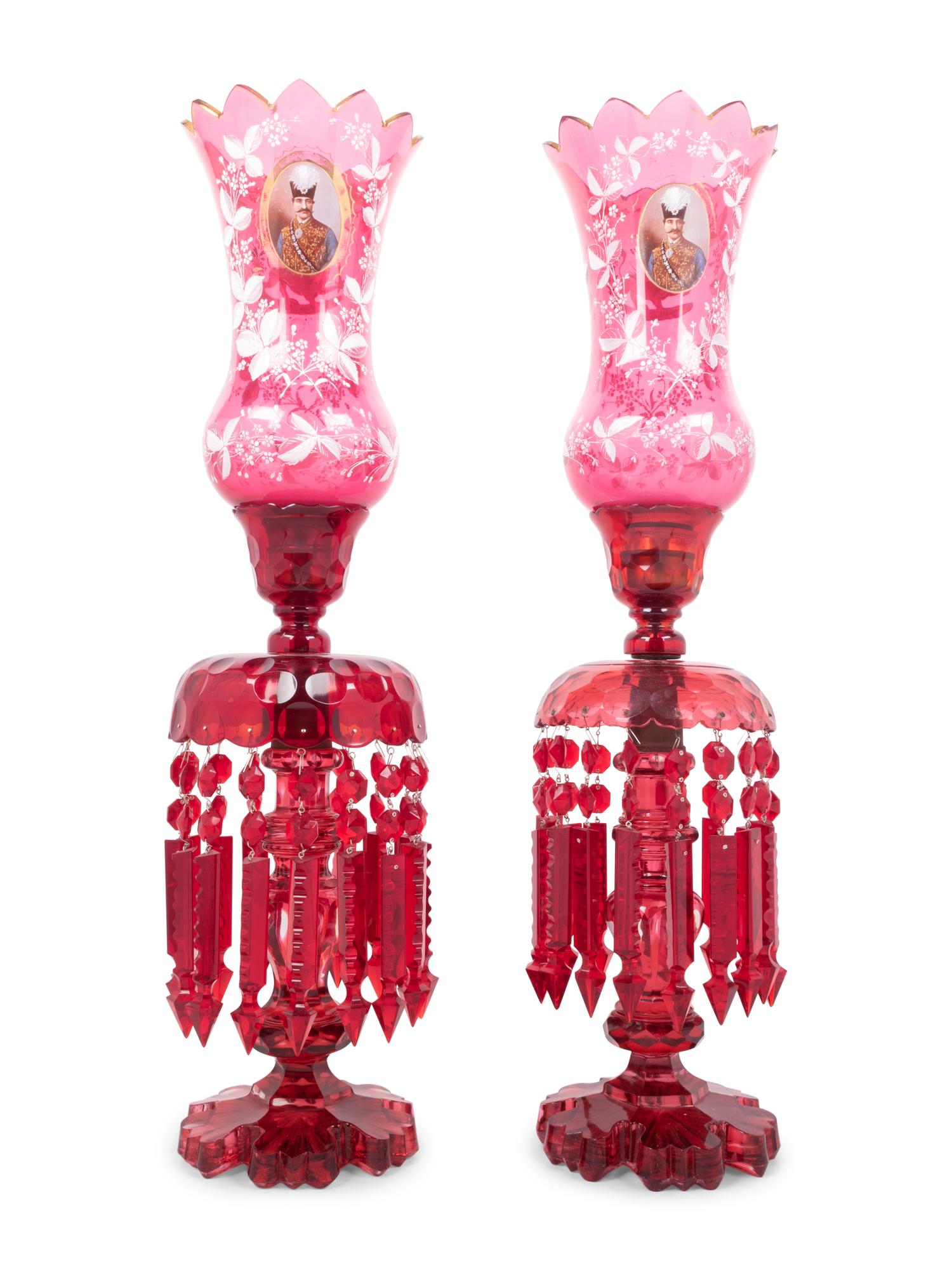 A Pair of Persian Market Enameled Glass Oil Lamps