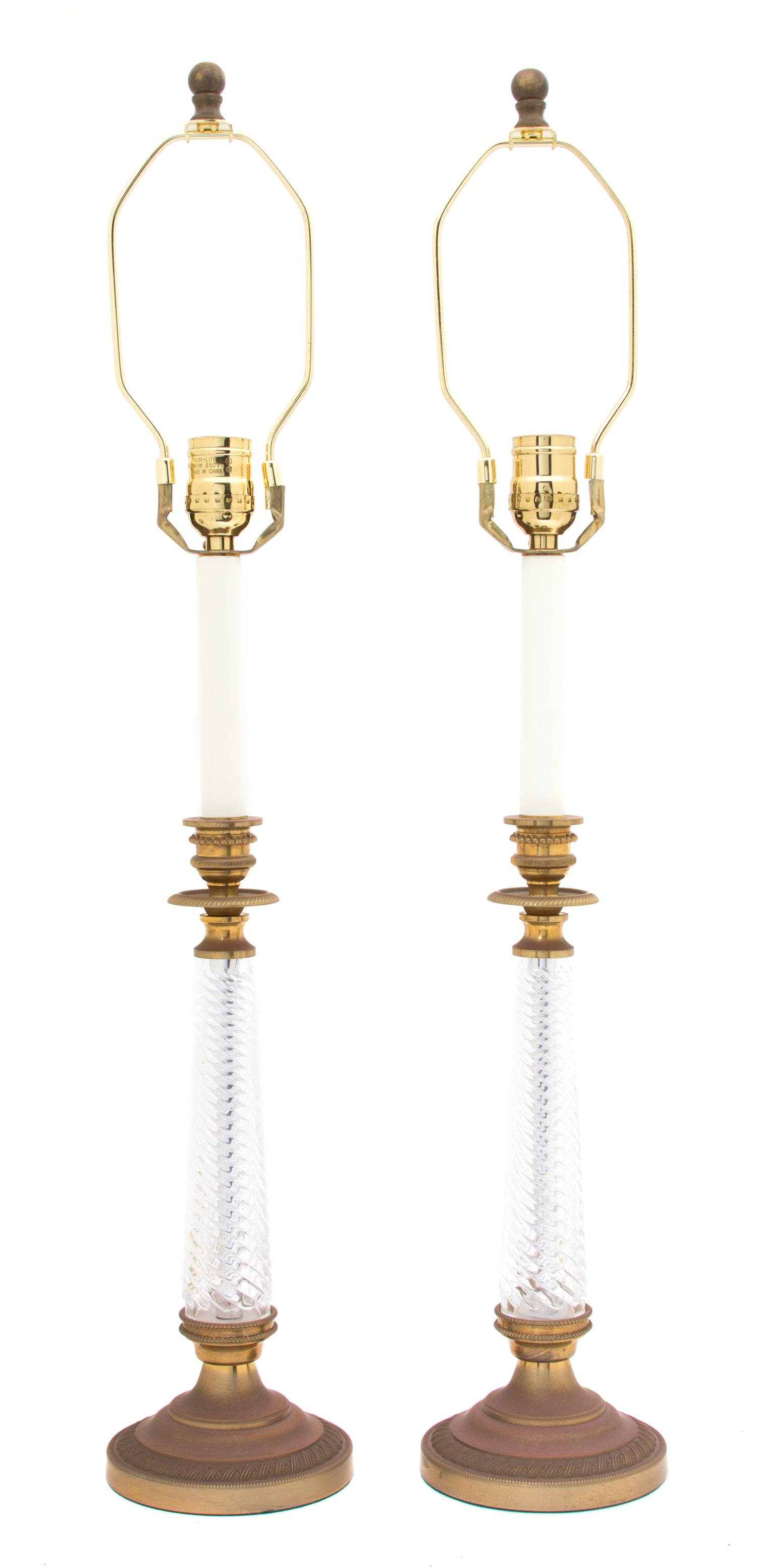 A Pair of Gilt Bronze and Spirally Fluted Glass Candlesticks Height overall 28 inches. — 20TH CENTURY