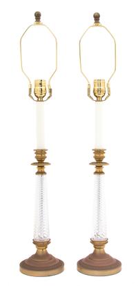 A Pair of Gilt Bronze and Spirally Fluted Glass Candlesticks Height overall 28 inches. — 20TH CENTURY
