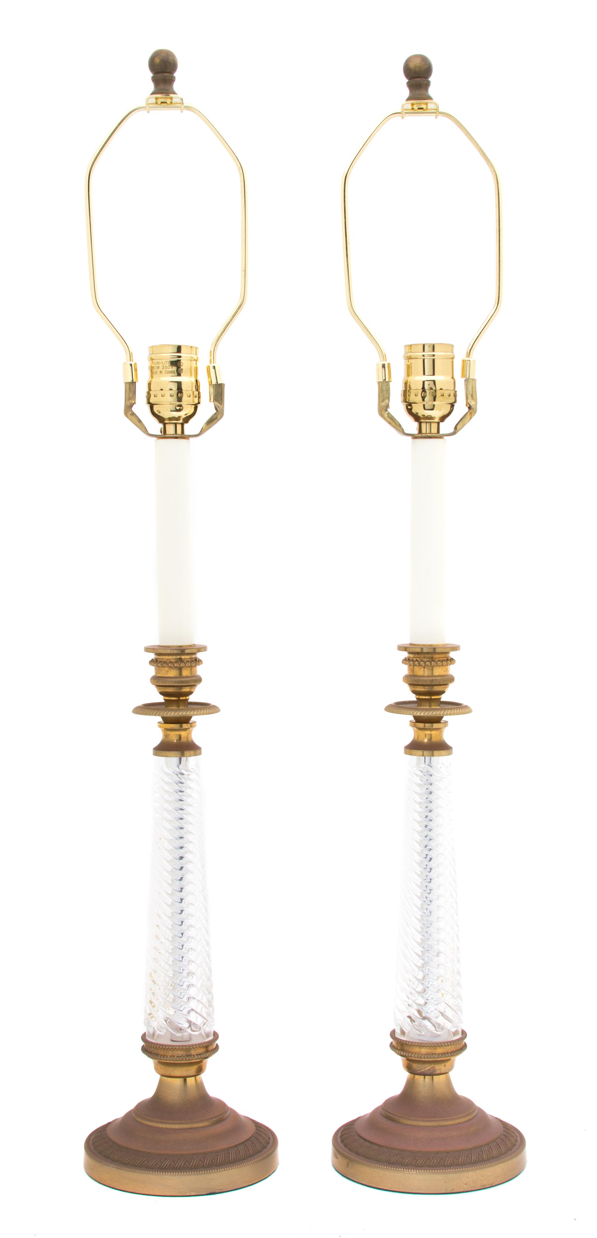 A Pair of Gilt Bronze and Spirally Fluted Glass Candlesticks Height overall 28 inches. — 20TH CENTURY