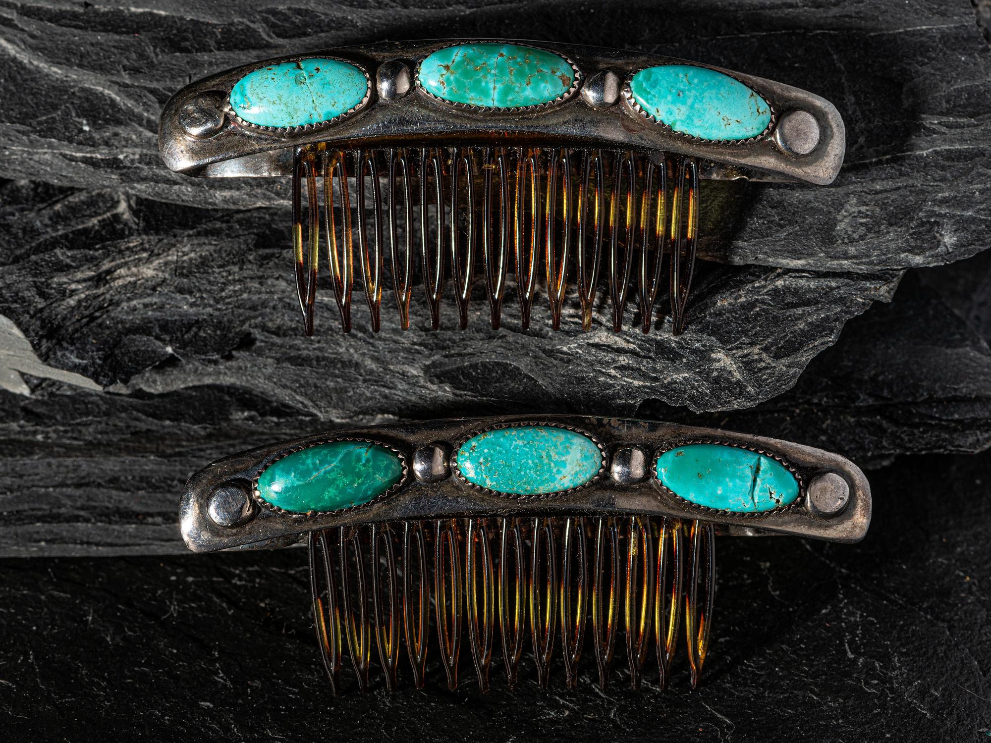 Pair of Southwestern-style Sterling Silver and Turquoise Barrettes