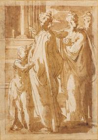 A Group of Figures standing by a Column, Two Women, one with a Baby, the other with a Child, and a Man in the Background