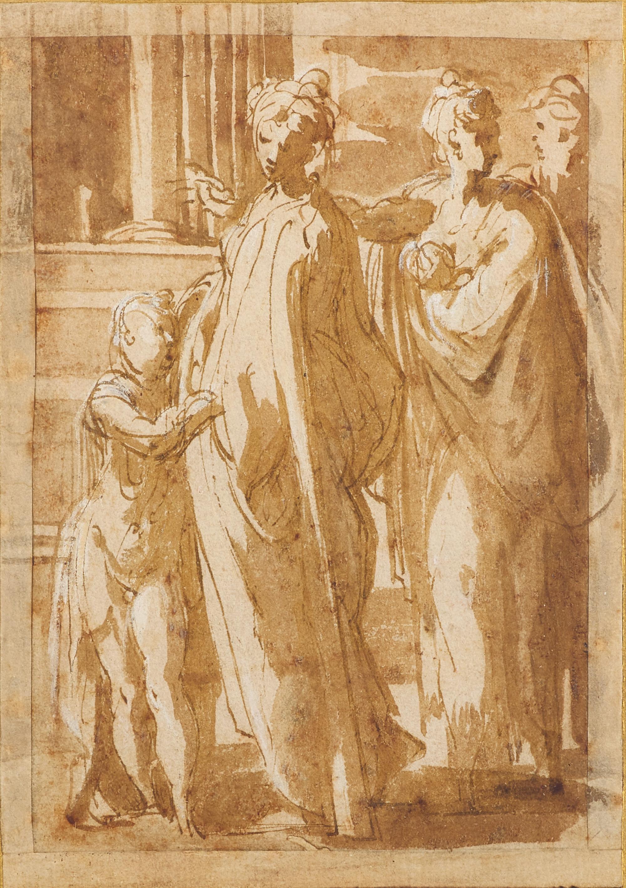 A Group of Figures standing by a Column, Two Women, one with a Baby, the other with a Child, and a Man in the Background