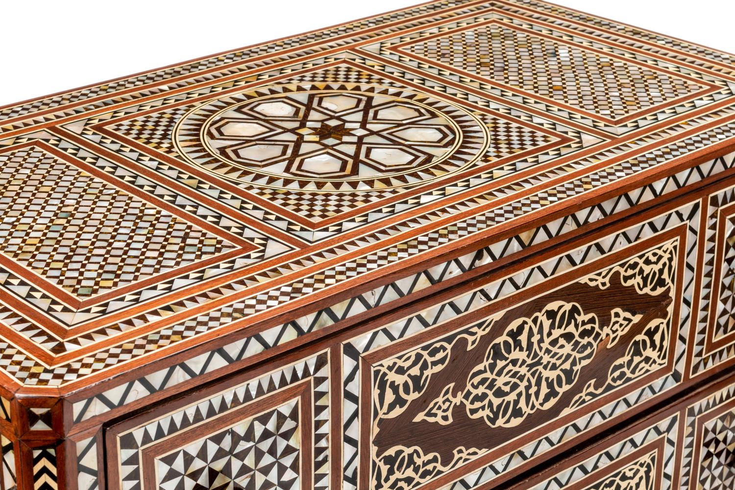 A Pair of Levantine Marquetry and Mother-of-Pearl Inlaid Two-Drawer Chests