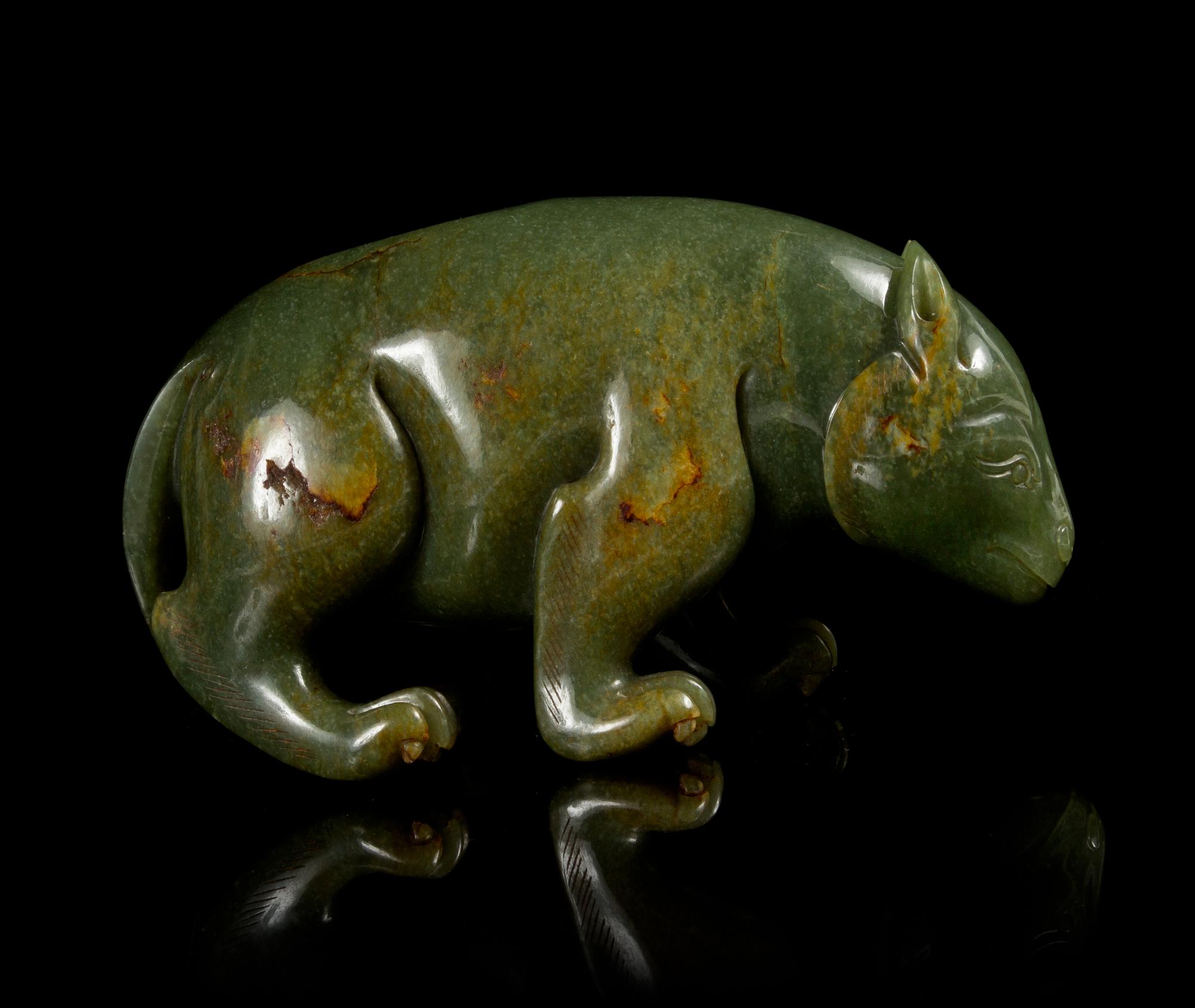 A Spinach Jade Figure of a Bear — LATE QING/REPUBLIC PERIOD