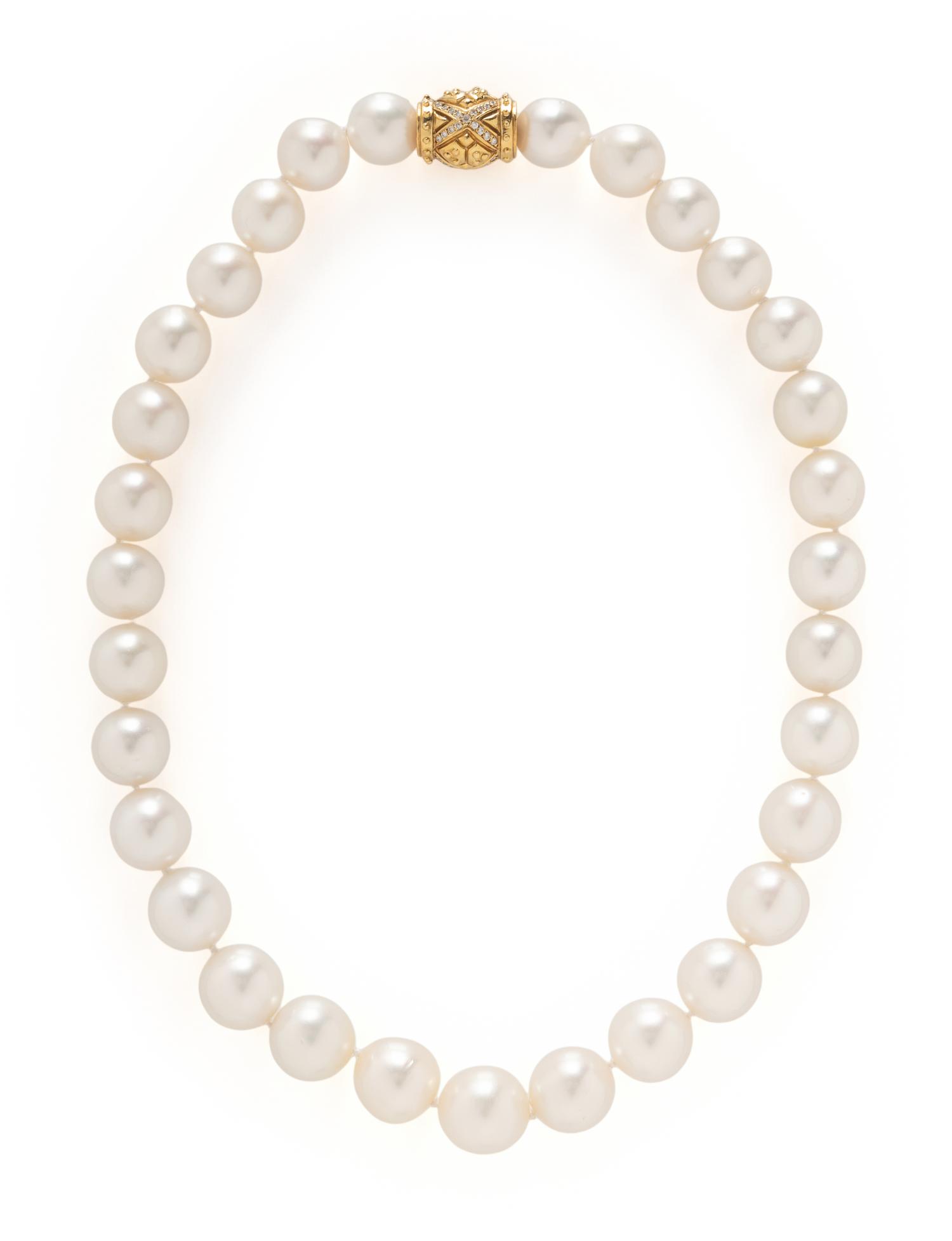 SOUTH SEA CULTURED PEARL, YELLOW GOLD, AND DIAMOND NECKLACE