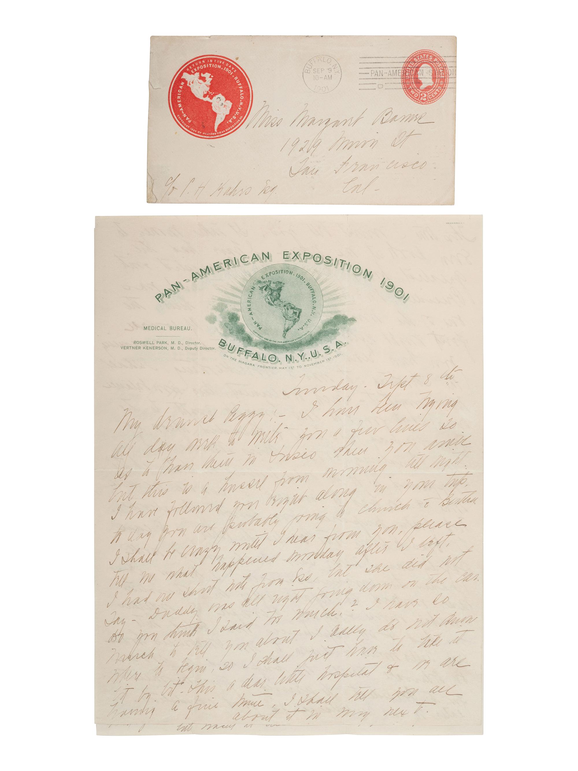 [MCKINLEY, William (1843-1901).] Detailed letter describing President McKinley's medical condition in the immediate aftermath of the assassination attempt, written by one of the nurses who attended to him.