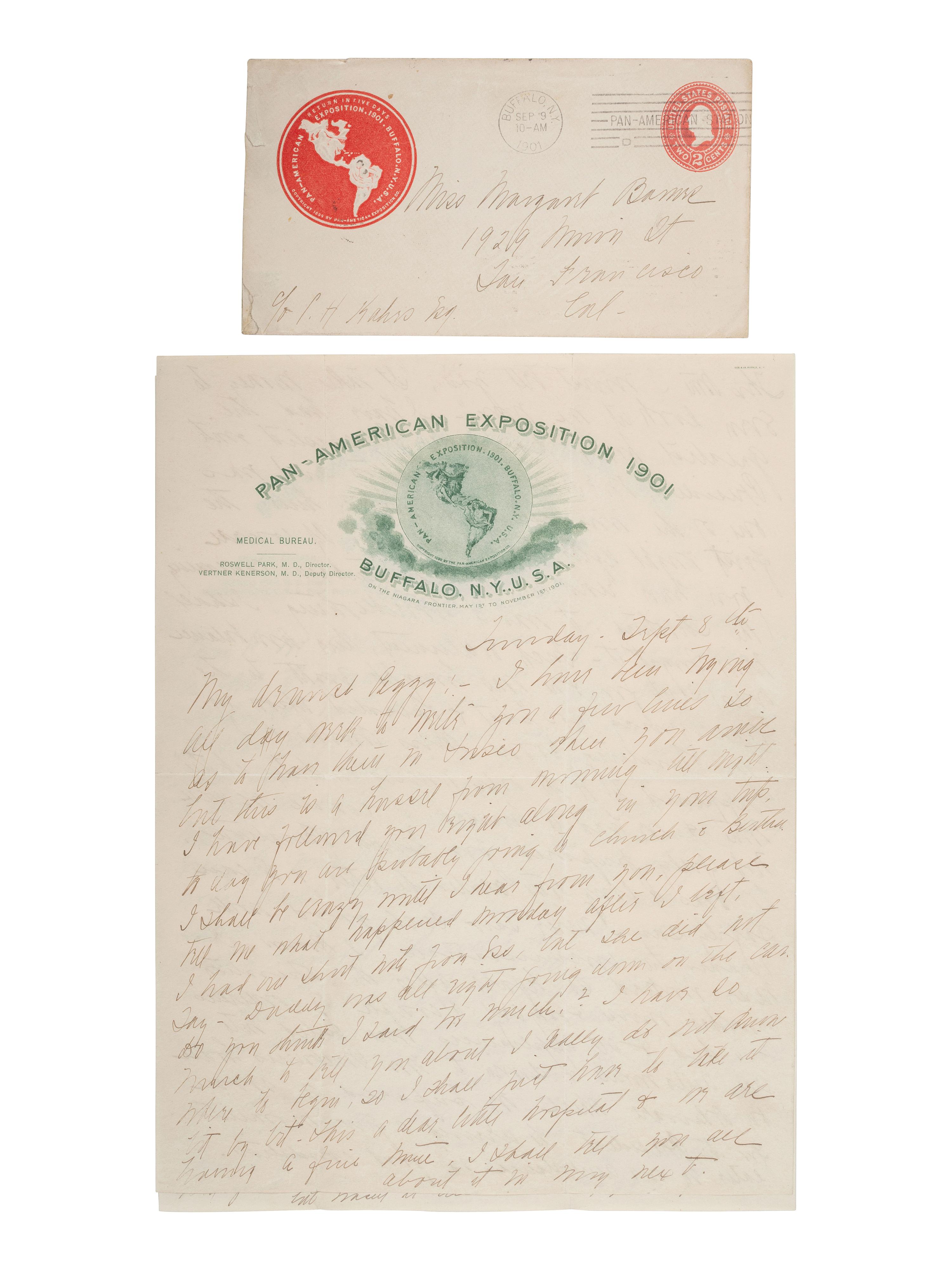 [MCKINLEY, William (1843-1901).] Detailed letter describing President McKinley's medical condition in the immediate aftermath of the assassination attempt, written by one of the nurses who attended to him.
