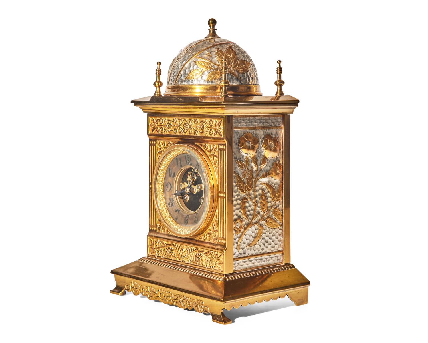 A Rare Aesthetic Movement Mixed Metal Mantel Clock, Bradley and Hubbard Mfg. Company, Works by Samuel Marti & Cie, France, Circa 1880-1885