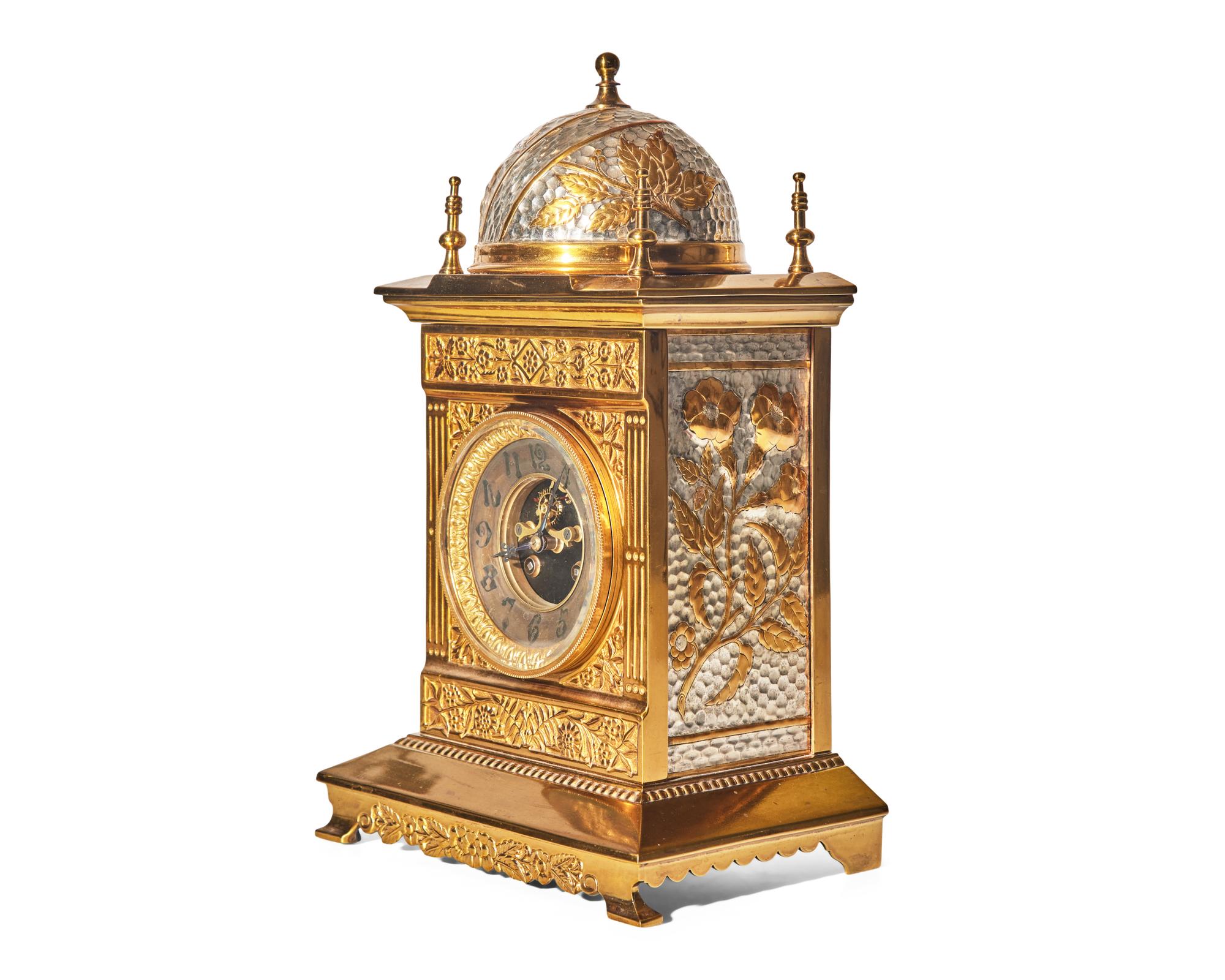 A Rare Aesthetic Movement Mixed Metal Mantel Clock, Bradley and Hubbard Mfg. Company, Works by Samuel Marti & Cie, France, Circa 1880-1885