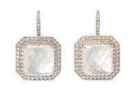 A Pair of 18 Karat White Gold, Rock Crystal, Mother-of-Pearl and Diamond Earrings, 8.85 dwts.