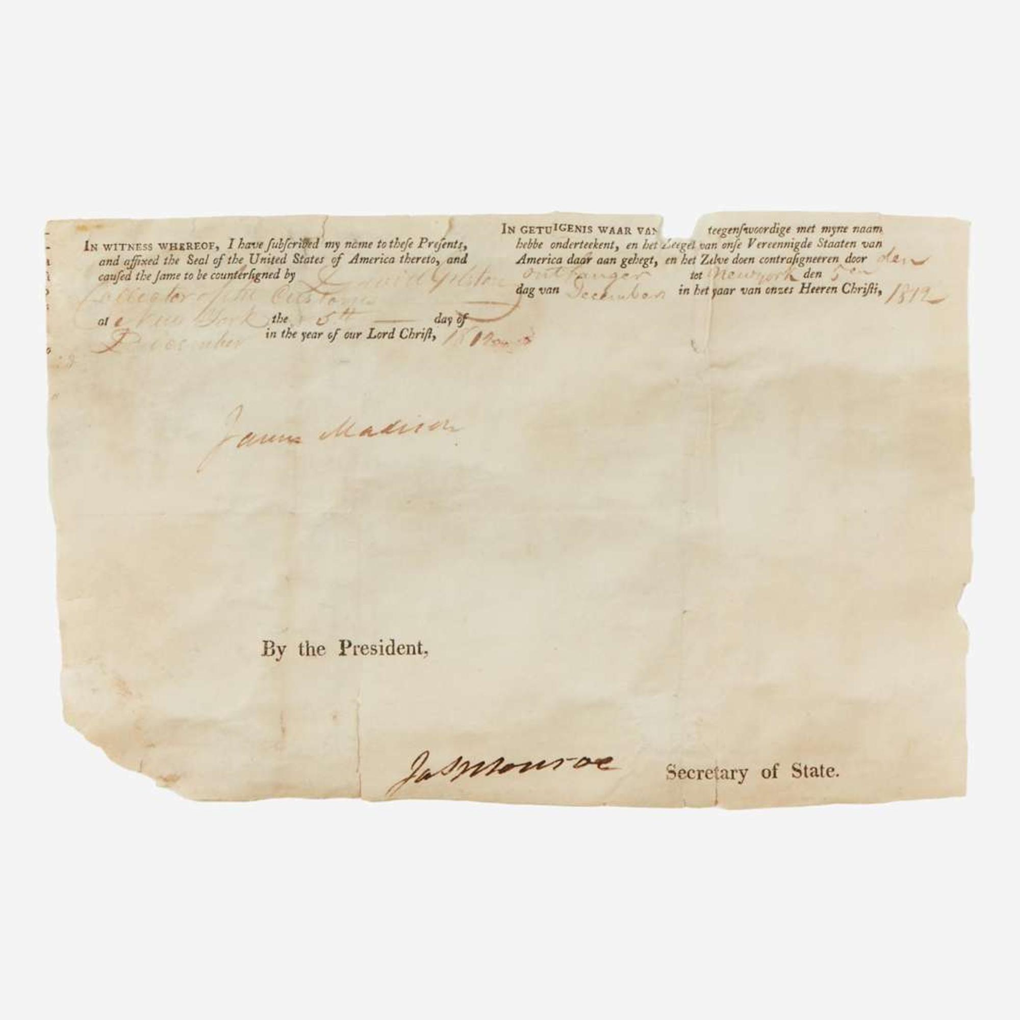 [Presidential] Madison, James, and James Monroe Partial Ship's Passport, signed