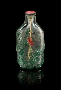 A Green Overlay Peking Glass Snuff Bottle Height 2 5/8 inches.