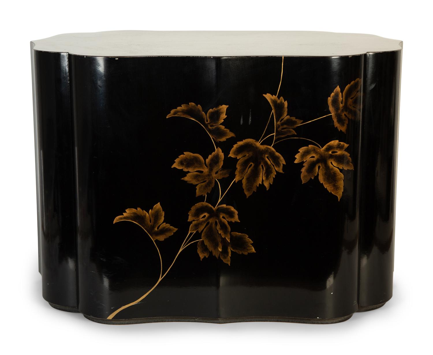 A Pair of Modernist Chinese Black and Gilt Decorated Lacquered Side Tables