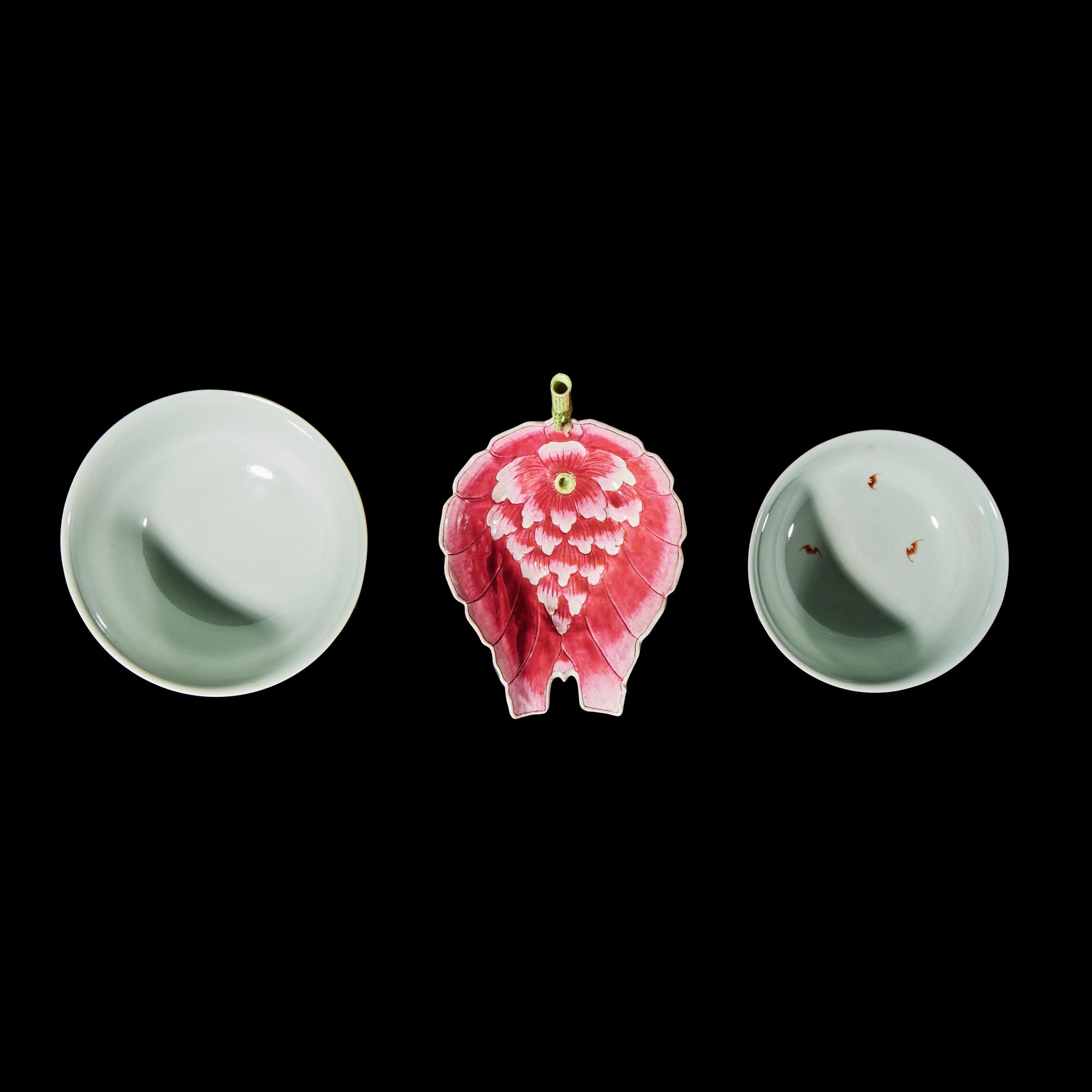 Two Chinese Enameled Porcelain Bowls and a "Lotus" Water Dropper 粉彩仙人圖盌及秋操杯各一