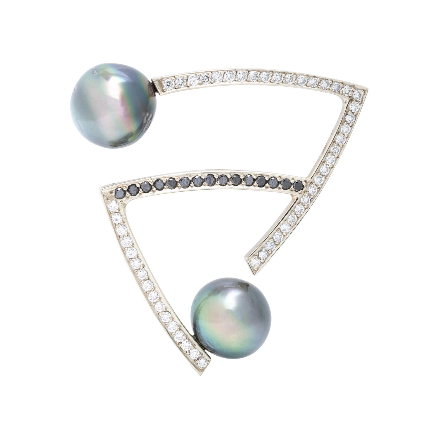 DIAMOND, BLACK DIAMOND AND CULTURED TAHITIAN PEARL BROOCH