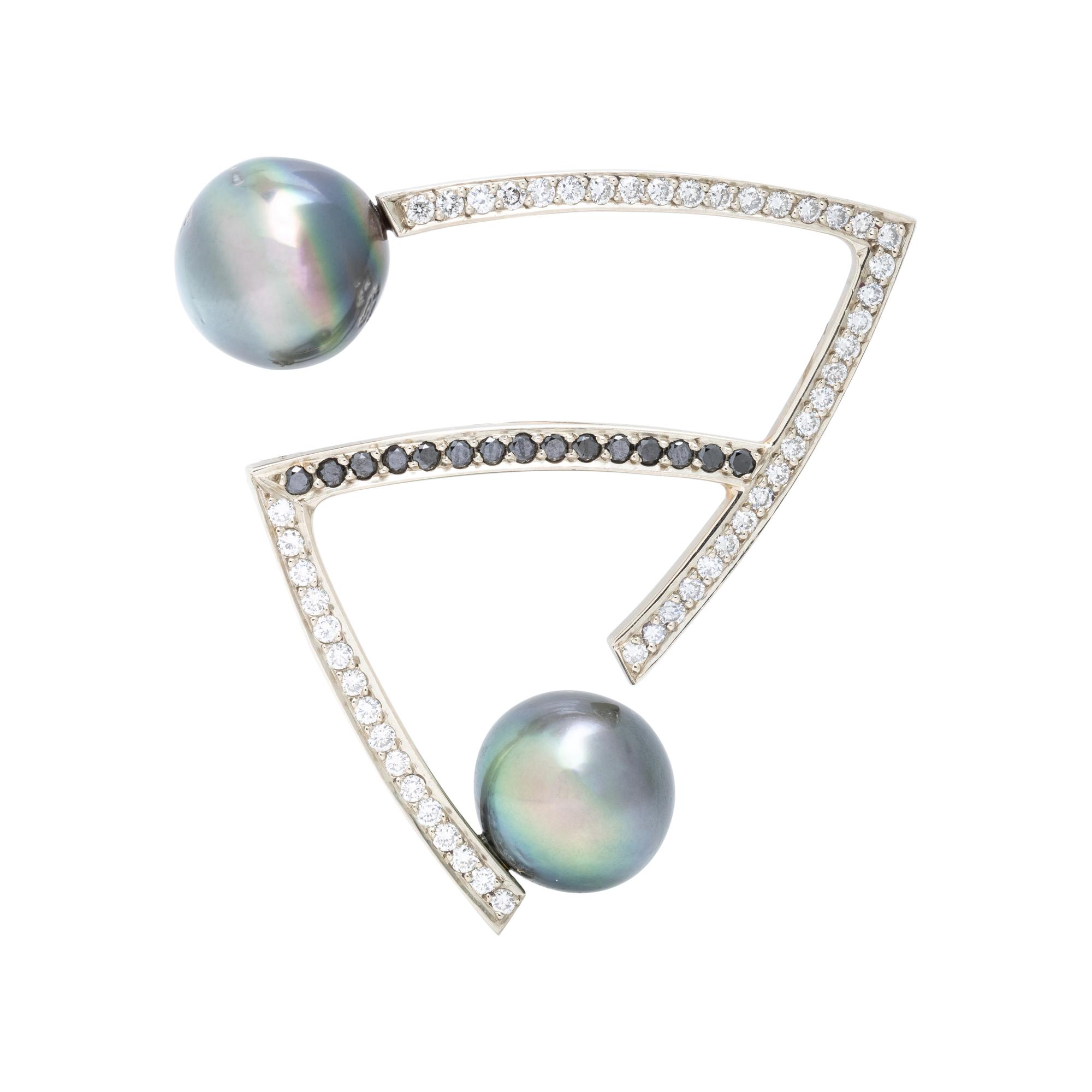 DIAMOND, BLACK DIAMOND AND CULTURED TAHITIAN PEARL BROOCH