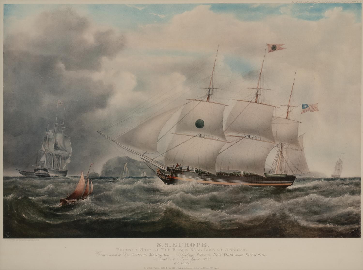 A 1925 lithograph of SS Europe, Pioneer Ship of the Black Ball Line of America after Samuel Walters (British, 1811–1882)