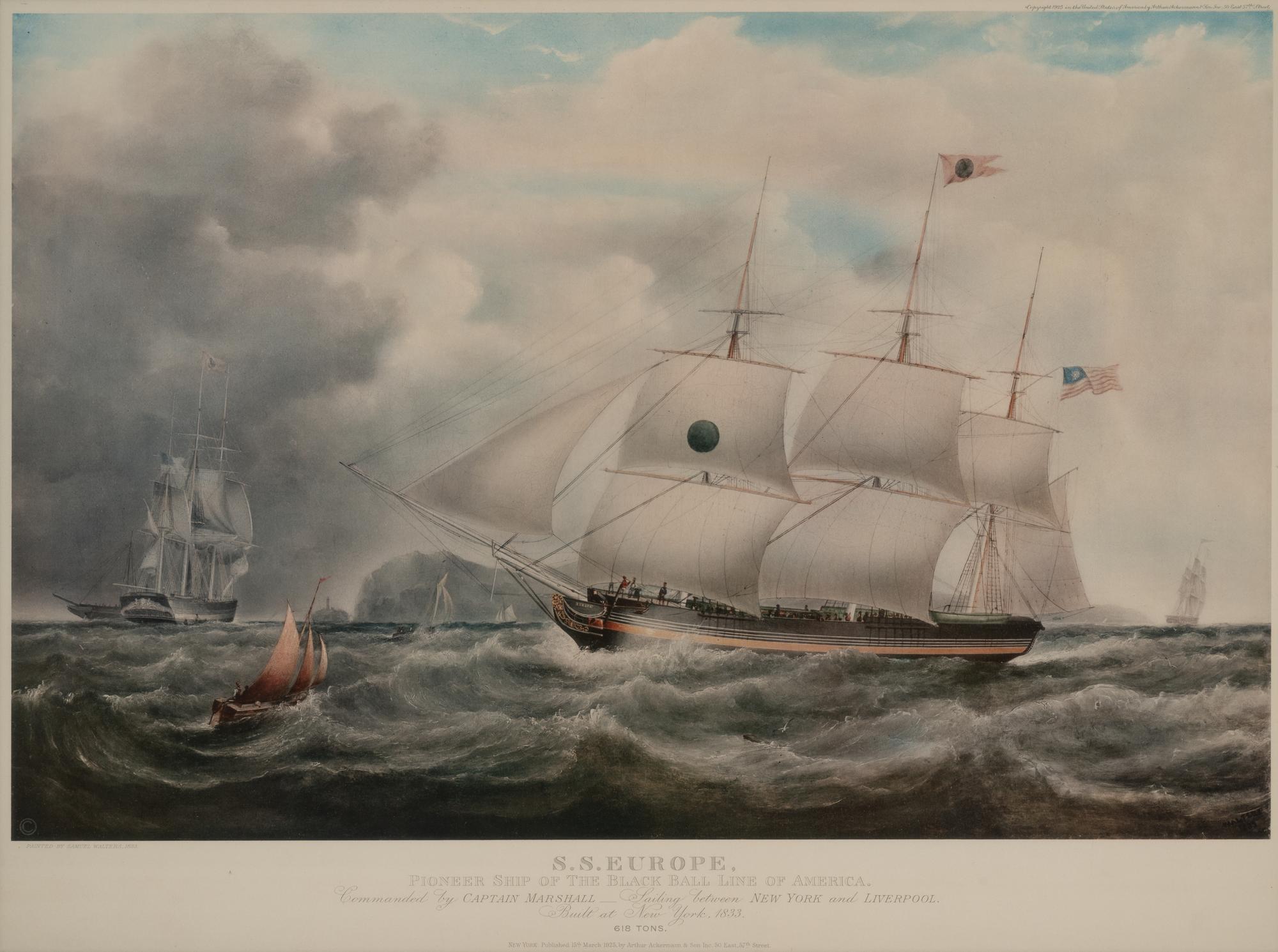 A 1925 lithograph of SS Europe, Pioneer Ship of the Black Ball Line of America after Samuel Walters (British, 1811–1882)