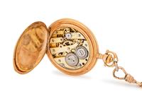 A 14 Karat Yellow Gold Hunter Case Pocket Watch with Gold Filled Longchain,